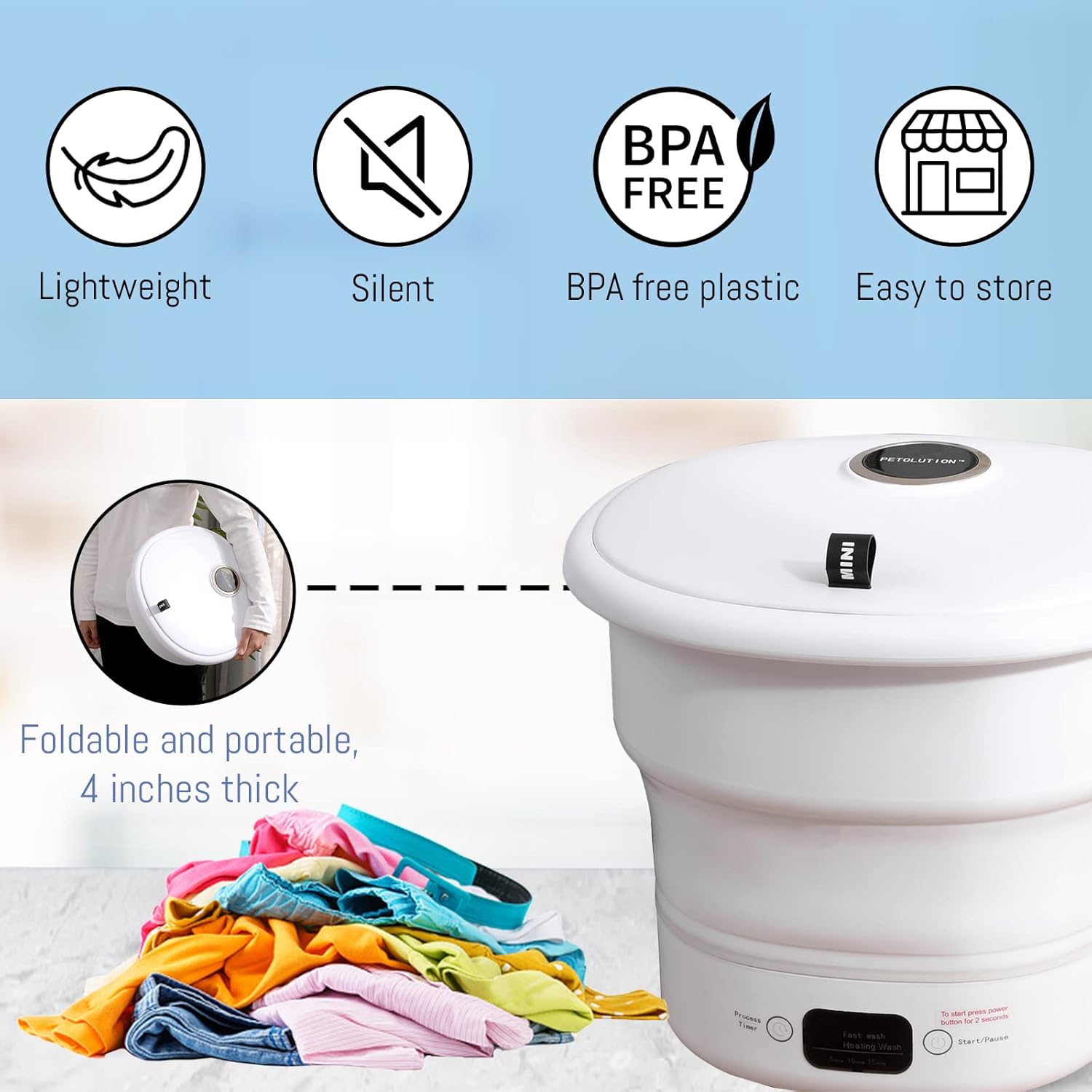 Mini Portable Washing Machine - Small Foldable Bucket Washer for Clothes- For Camping, RV, Travel, Small Spaces. (White)