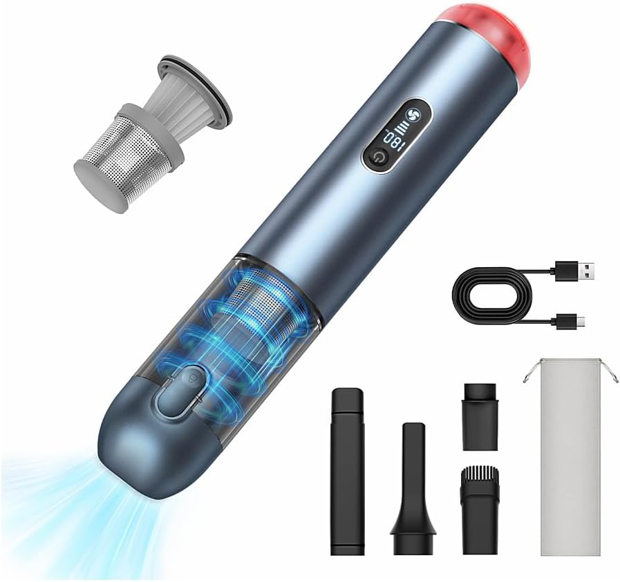 Handheld Vacuum Cordless, Powerful 18Kpa Car Vacuum with Brushless Motor, Portable Hand Held Vacuum with 3 Speed Modes, 5- in-1 Mini Vacuum Cleaner with White LED & Red Flash for home/Car/Office