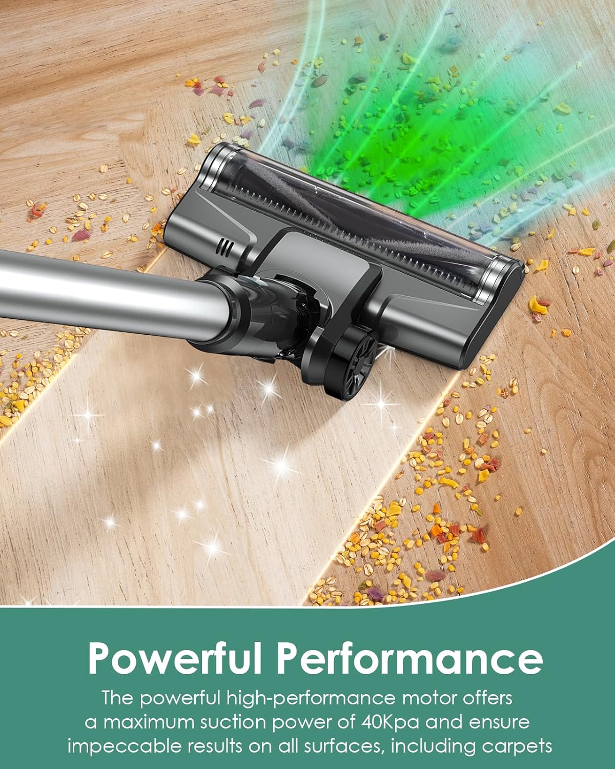 Cordless Vacuum Cleaner, 500W/40KPA Lightweight Stick Vacuum up to 40 mins Runtime, LED Display and Green Headlights, 6-Stages Filtration, Self-Standing Vacuum for Home Hard Floor, Carpet and Pet Hair