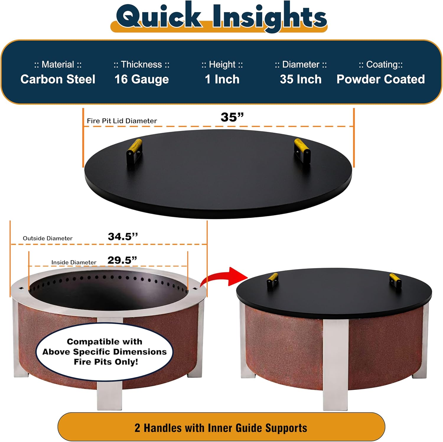 35” Fire Pit Cover Lid Round - Fit for 34.5 Round FirePit Lid for Outdoor Fireplace Cover Lid Steel fire pit metal cover W/ 2 Wooden Handles & Powder Coating Snuffer Lid for Patio Fire Pit Ring