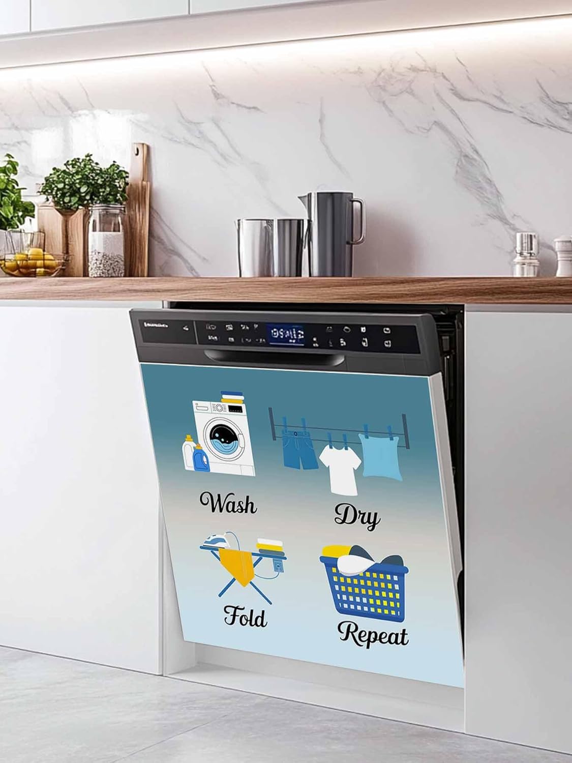 Blue Ombre Laundry Dishwasher Magnet Cover, Wash Dry Fold Repeat Refrigerator Magnets Covers for The Front Door, Reusable Dishwasher Panel Fridge Decal Cover for Home Appliance Decor 23''x26''