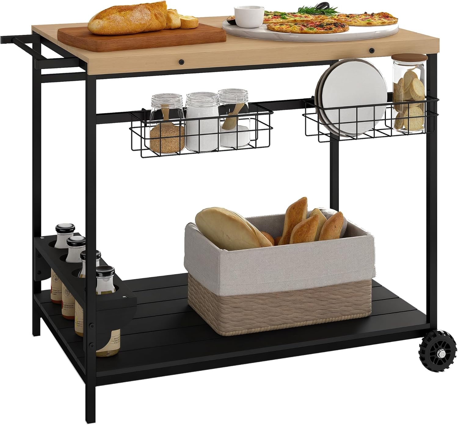 Outsunny Outdoor Bar Cart, Patio Rolling Serving Cart with Wheels, Side Handle, 2 Baskets, 4 Wine Holders for Garden, Dining Room, Natural