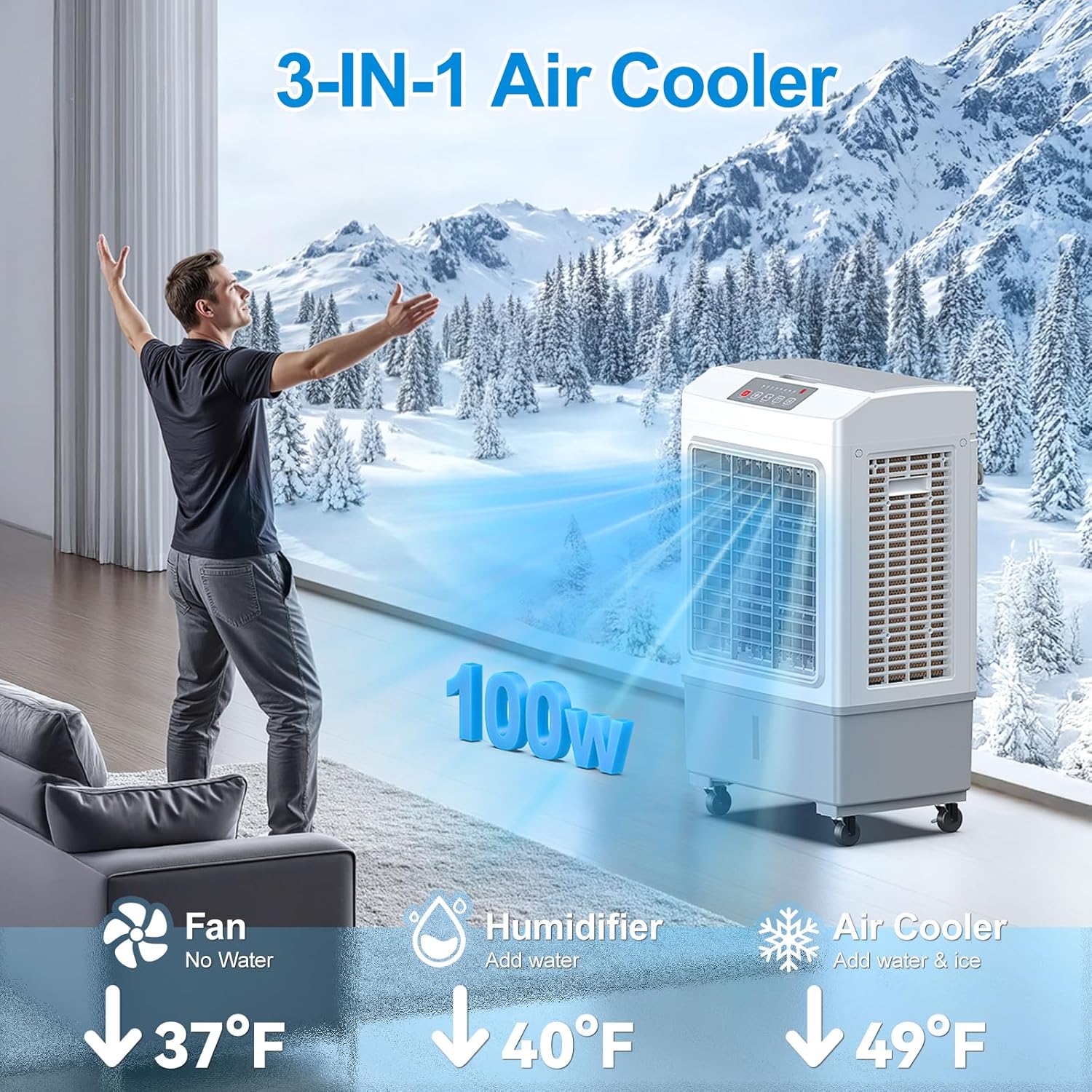 Windowless Swamp Cooler, 3 in 1 Evaporative Portable Air Conditioner with Remote, Large Cooling Fan Ac Unit,3 Speed, 7H Timer, 8 Gal Water Tank, 4 Ice Box for Garage, Patio, Bedroom Home Outdoor