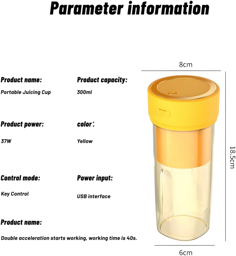 Portable Electric Juicer Cup, Wireless Rechargeable Blender with 4-Blade Design, Food Grade PP Material, Yellow (Orange yellow)