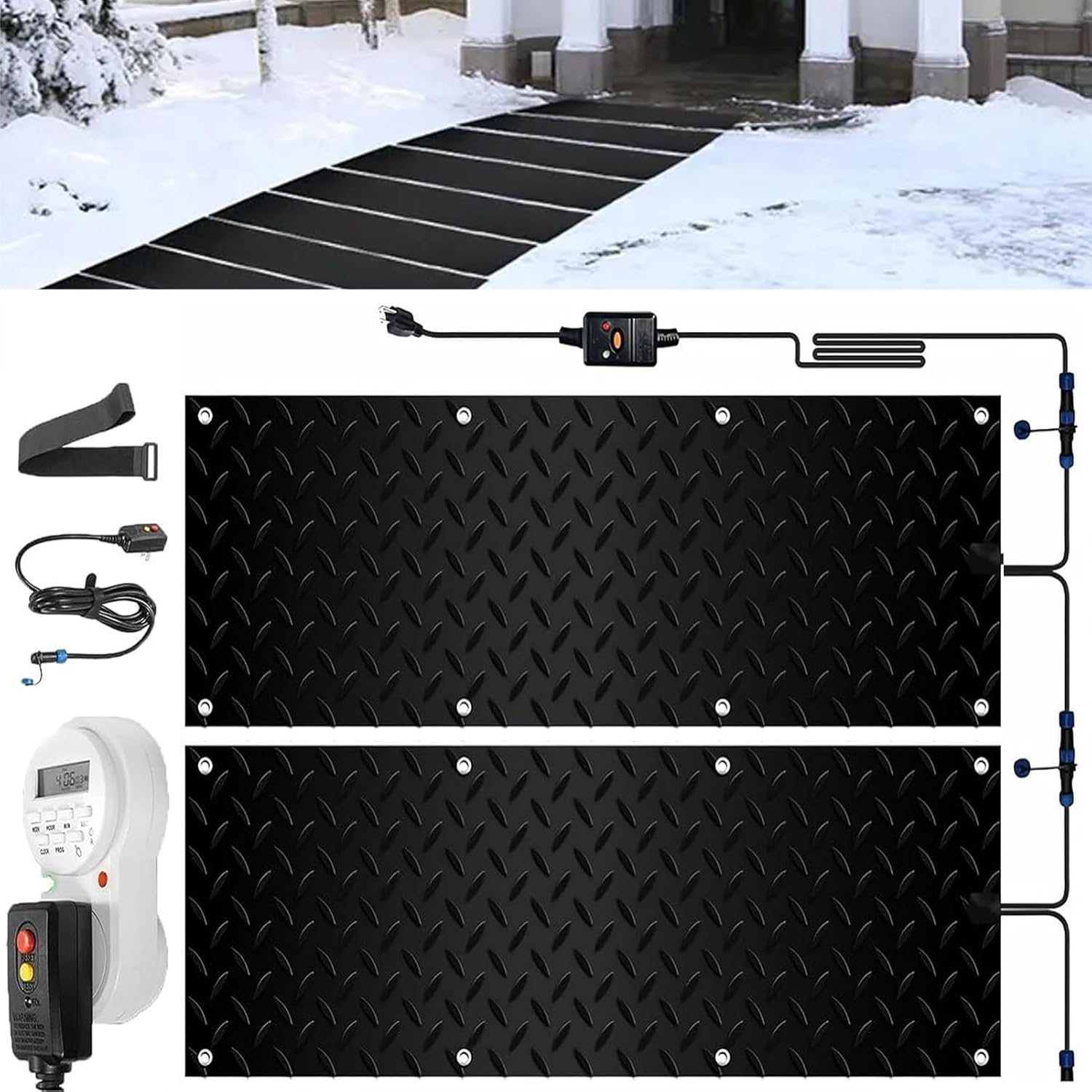 Outdoor Heated mat Walkway Snow Melting mats with Timer, 1/2/3/4/5 Pcs Outdoor Stairs- Non-Slip Winter Removal and Ice Melt Products -Heating Entrance with Power Co(2 Pcs-10inx35.4in (25.4x90cm))