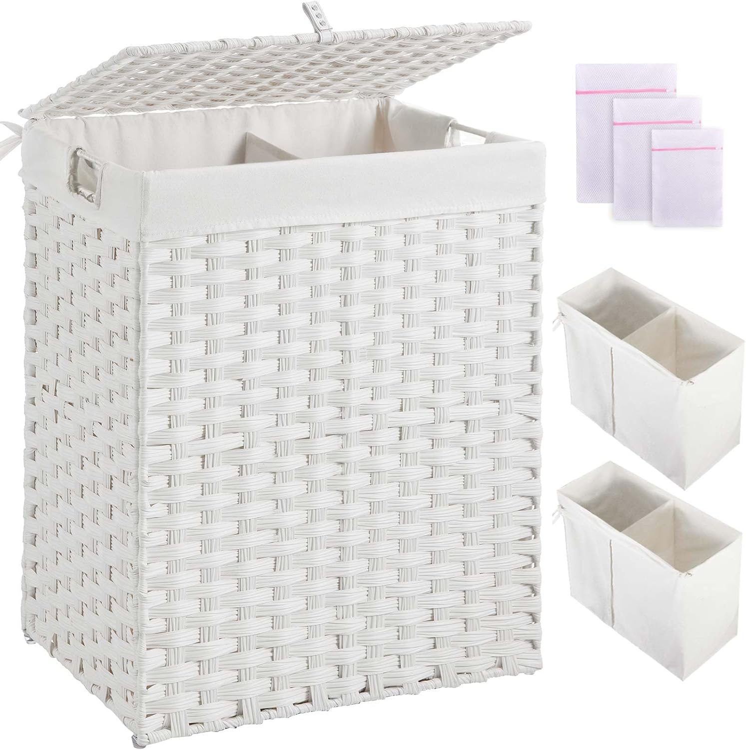 Greenstell Laundry Hamper with 2 Removable Liner Bags，90L Divided Clothes Hamper, Handwoven Synthetic Rattan Foldable Laundry Basket with Lid and Handles White (18.5 x 13.3 x 24.0Inches)