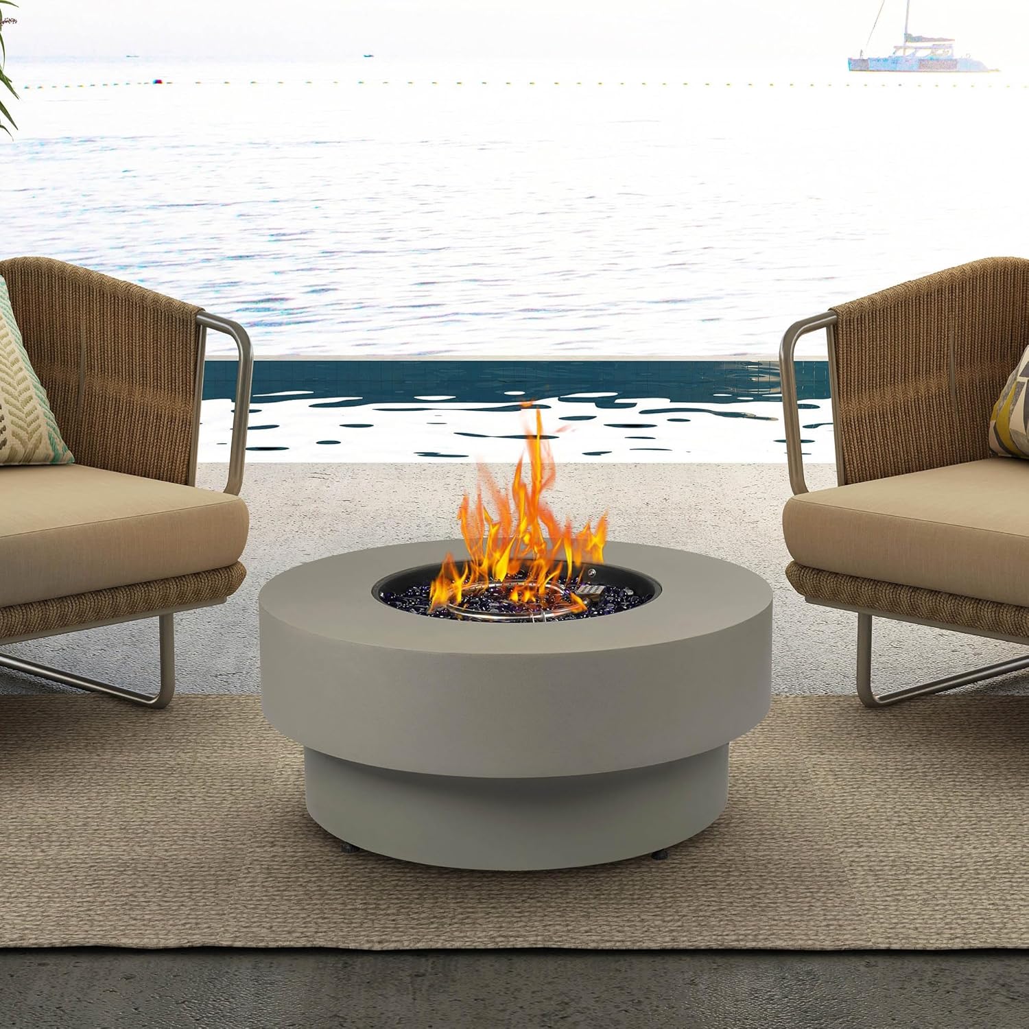 Propane Outdoor Fire Pit Table, Flint & Concrete Look 32.5-inch Round Patio Propane Fire Table 50,000 BTU w/Lid, Glass Rocks, Cover, Pre-Attached 10ft Hose