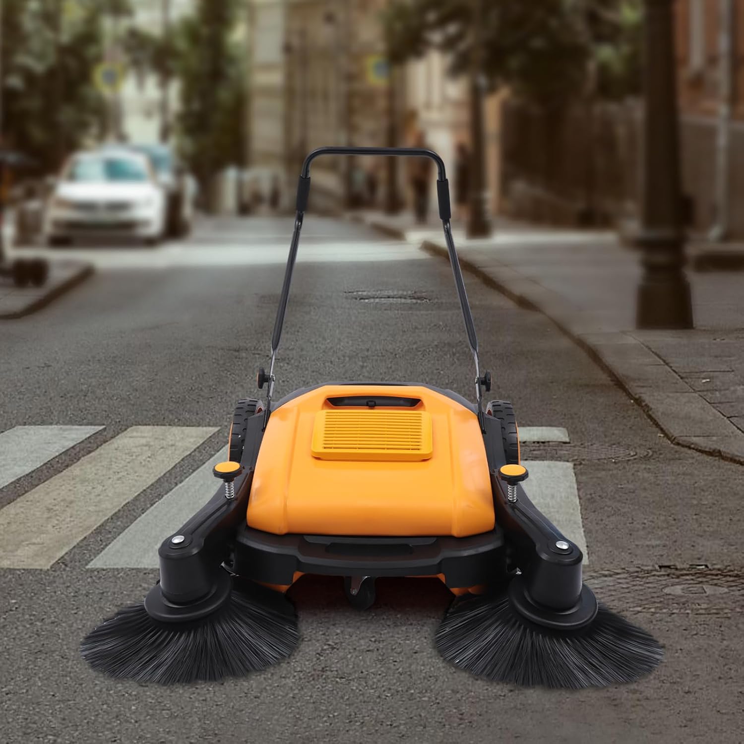 Walk-Behind Hand Push Floor Sweeper, 41 Inch Outdoor Hand Push Sweeper, 55l Capacity Manual Floor Cleaning Machine with Large Dustbin, Adjustable Handle, for Garage, Warehouse, Driveway