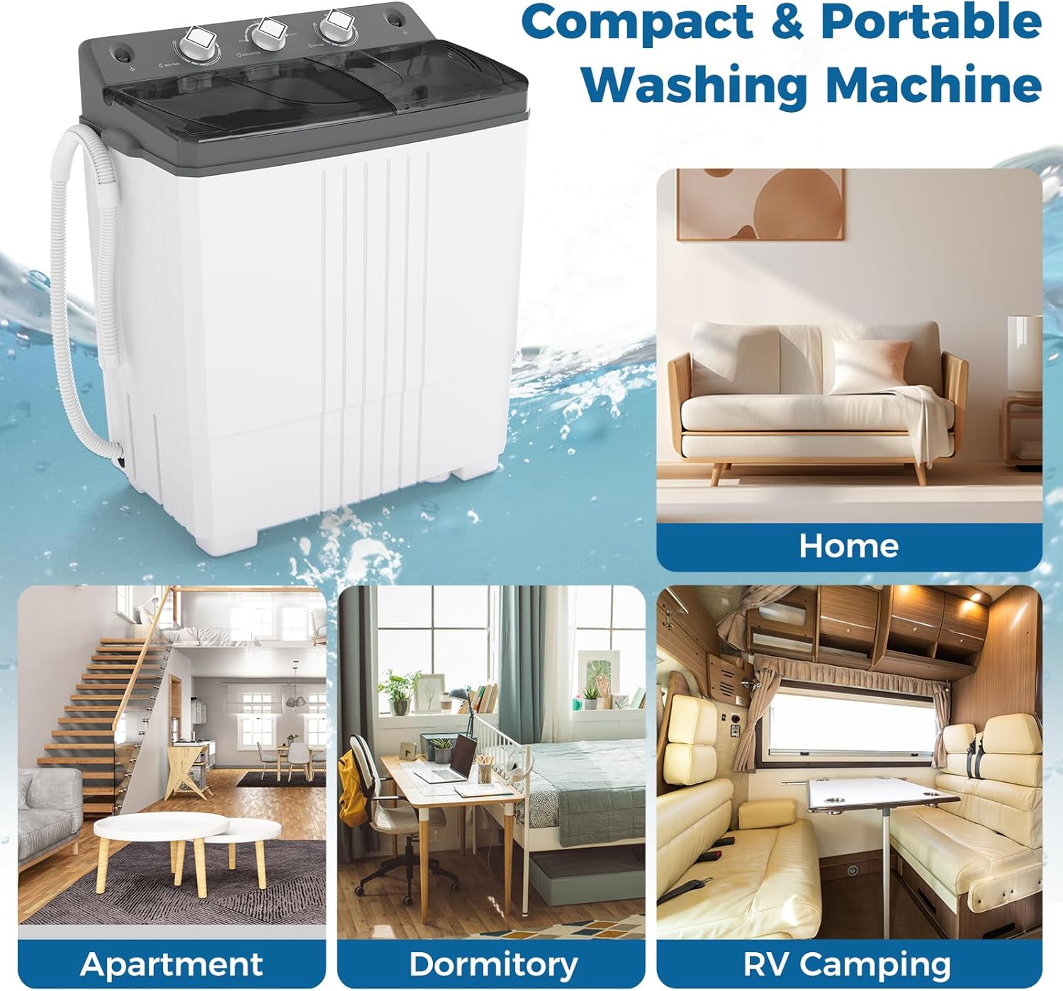 COSTWAY Portable Washing Machine, Twin Tub 20 Lbs Capacity, Laundry Washer 12 Lbs and Spinner 8 Lbs with Drain Pump, Timer Control, Perfect for Apartment Dorm RV, Grey