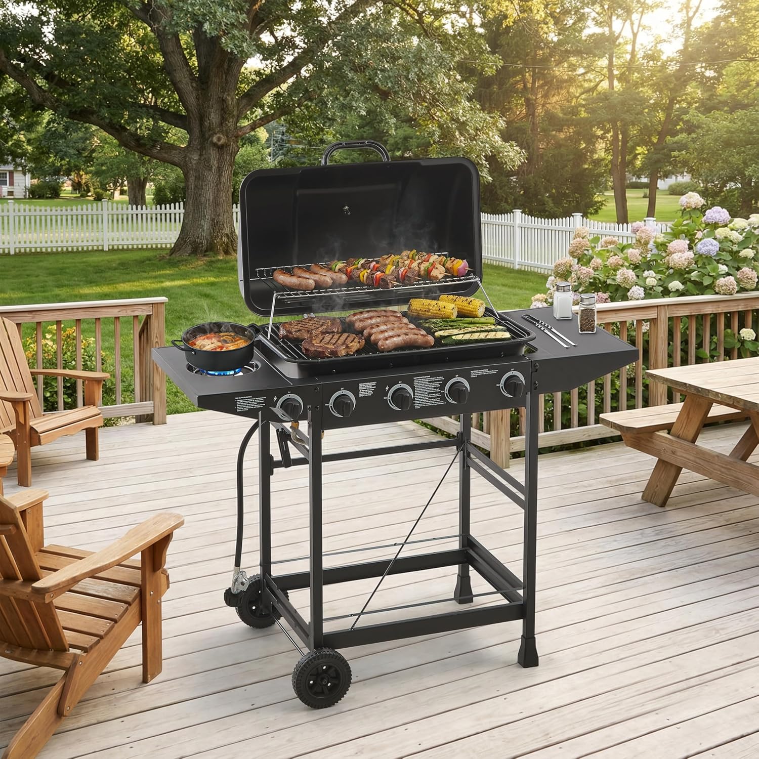 4 Burner BBQ Propane Gas Grill with Side Burner 42000 BTU Output Stainless Steel Barbecue Grill with Enamel-Coated Grates and Side Tables for Outdoor Cooking Kitchen and Patio Backyard.
