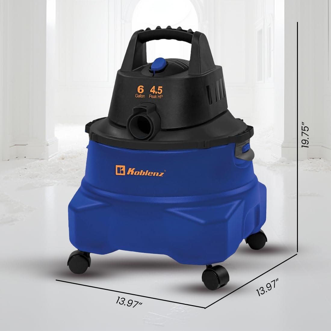 Koblenz Wet-Dry Vacuum Cleaner, 6-Gallon Tank, Superior 4.5 Peak HP Motor, Lightweight Vacuum Cleaner and Blower, Tackles Dry and Wet Messes, Accessories Included, Black+Blue (WD-6 L212)