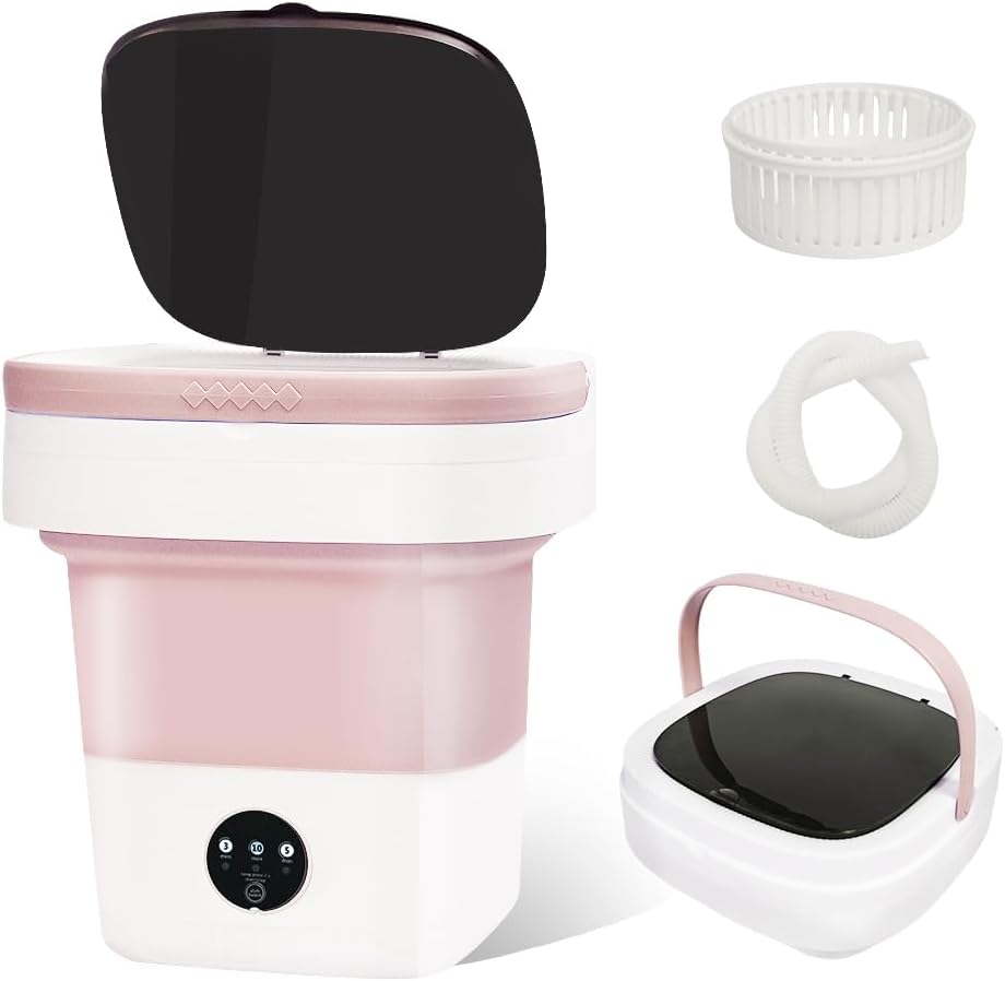 Portable Washing Machine, 16L Mini Foldable Washer with Spin Basket 3 Cleaning Modes, Small Collapsible Laundry Machine for Travel, Apartment, Home, and Camping,Pink