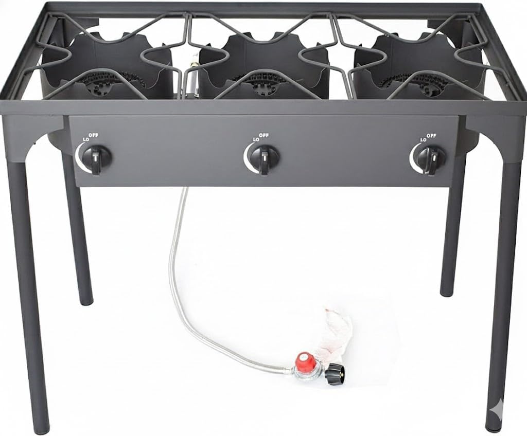 High Pressure Banjo Outdoor Camp Stove with Adjustable Height. 0-20 PSI Adjustable Regulator and Steel Braided Hose (3-Burner)