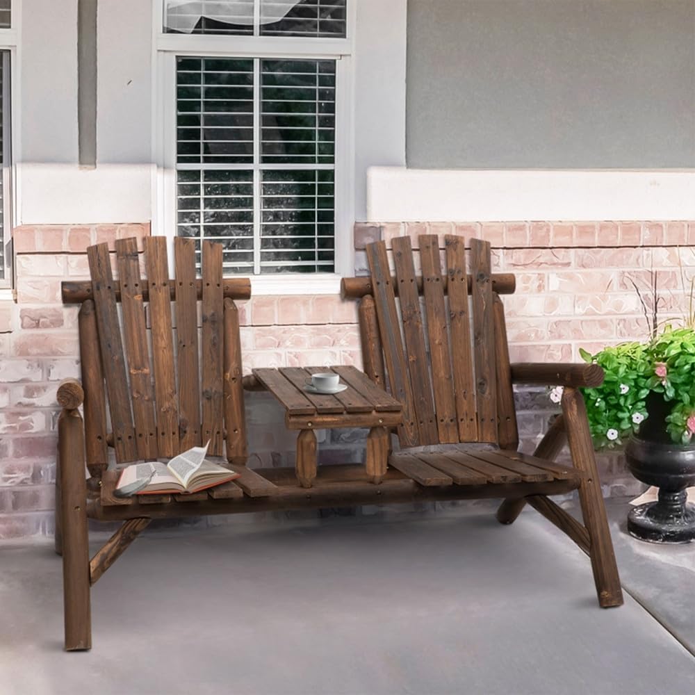 Outdoor 2-Person Wooden Adirondack Bench, Conversation Furniture Set with Patio Rustic Loveseat & Built-in Table, Carbonized Garden Bench Fire Pit Chair for Backyard Porch Pool Deck