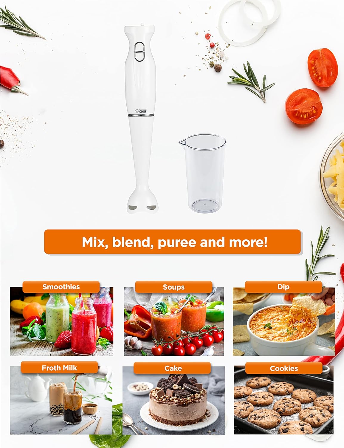 COMMERCIAL CHEF Immersion Blender, Hand Blender with Stainless Steel Blades, Immersion Blender with Quiet Motor, Electric Mini Blender for Delicious Food