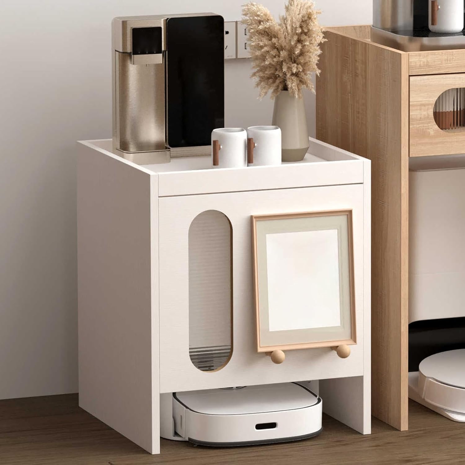 Sweeping Robot Storage Rack Wooden Modern Hiding Robot Vacuum Cabinet Pull-Out Top Panels Small Spaces Bedside Table for Home Office Bedroom 50 * 50 * 60cm(Natural)