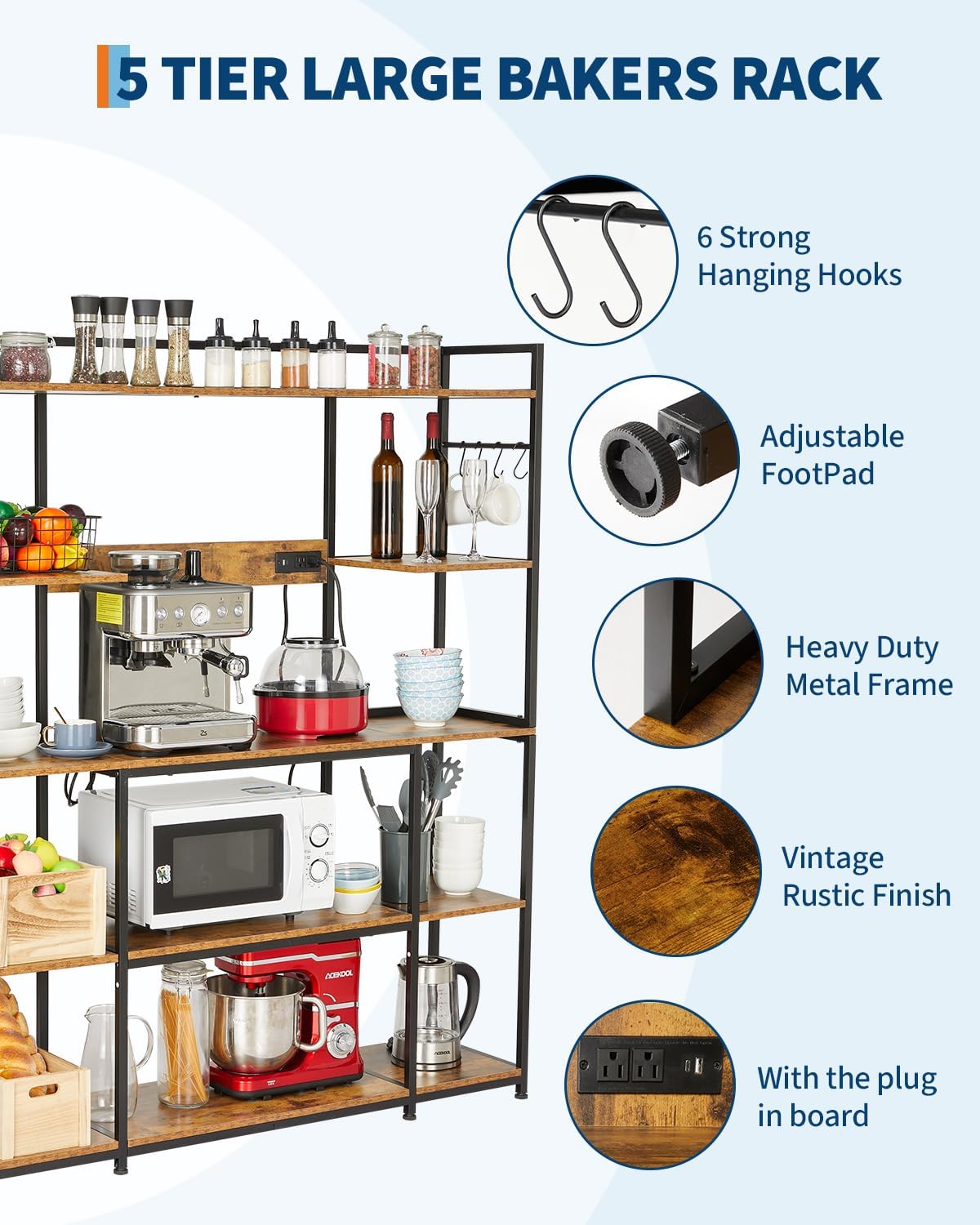Garvee Kitchen Bakers Rack with Power Outlet 55 * 66inch, Microwave Oven Stand with Storage 4 Tiers, Coffee Bar Table with 6 S Hooks, Kitchen Storage Shelf Rack for Spices, Pots, Rustic Brown