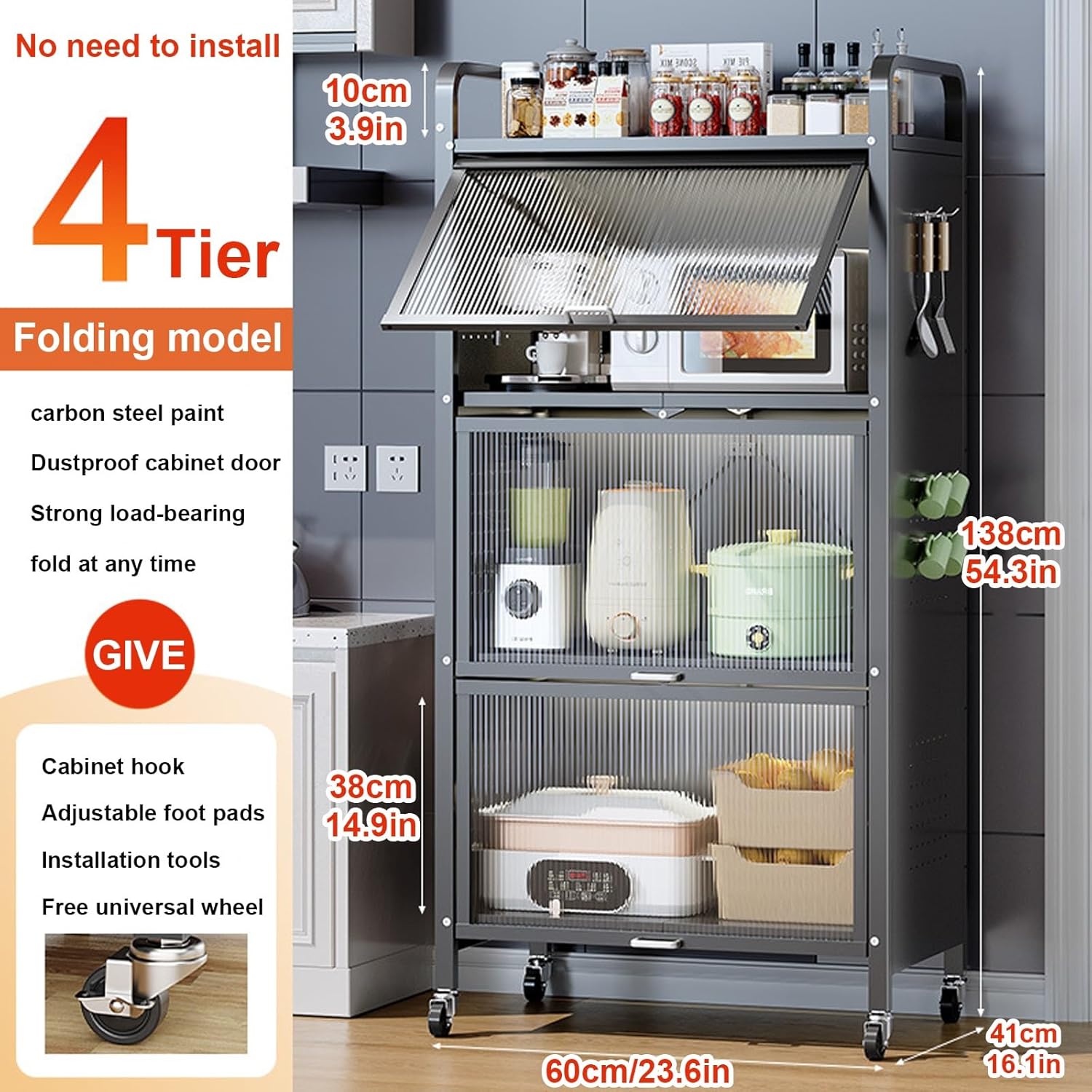 Microwave Stand Microwave Oven Rack,Kitchen Storage Unit 4 Tier Freestanding Baker‘s Rack Microwave Stand, Industrial Microwave Oven Stand Cabinet, for Home, Kitchen, Dining Room (Color : Gr