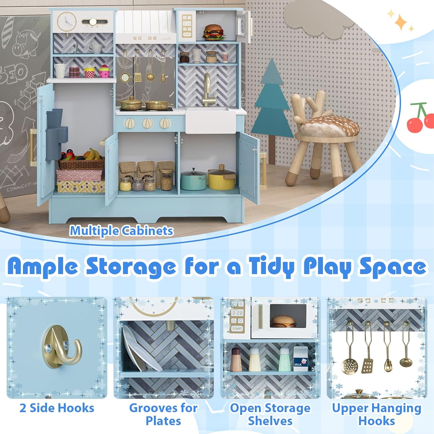 Costzon Kids Kitchen Playset, Toddler Pretend Cooking Playset w/Stoves, Faucet, Sink, Coffee Machine, Range Hood, Microwave Oven & Ice Dispenser, Wooden Chef Play Kitchen for Kids Aged 3+ (Blue)