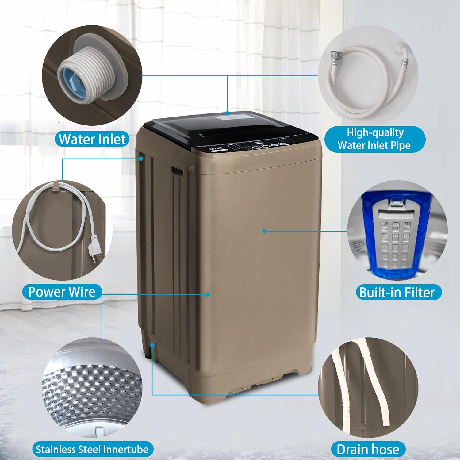 Anukis Fully Automatic Washing Machine, 13 lbs Capacity Compact Laundry Washer with Drain Pump 10 Wash Program & 8 Water Levels for Apartment, Dorm, RV, Gold