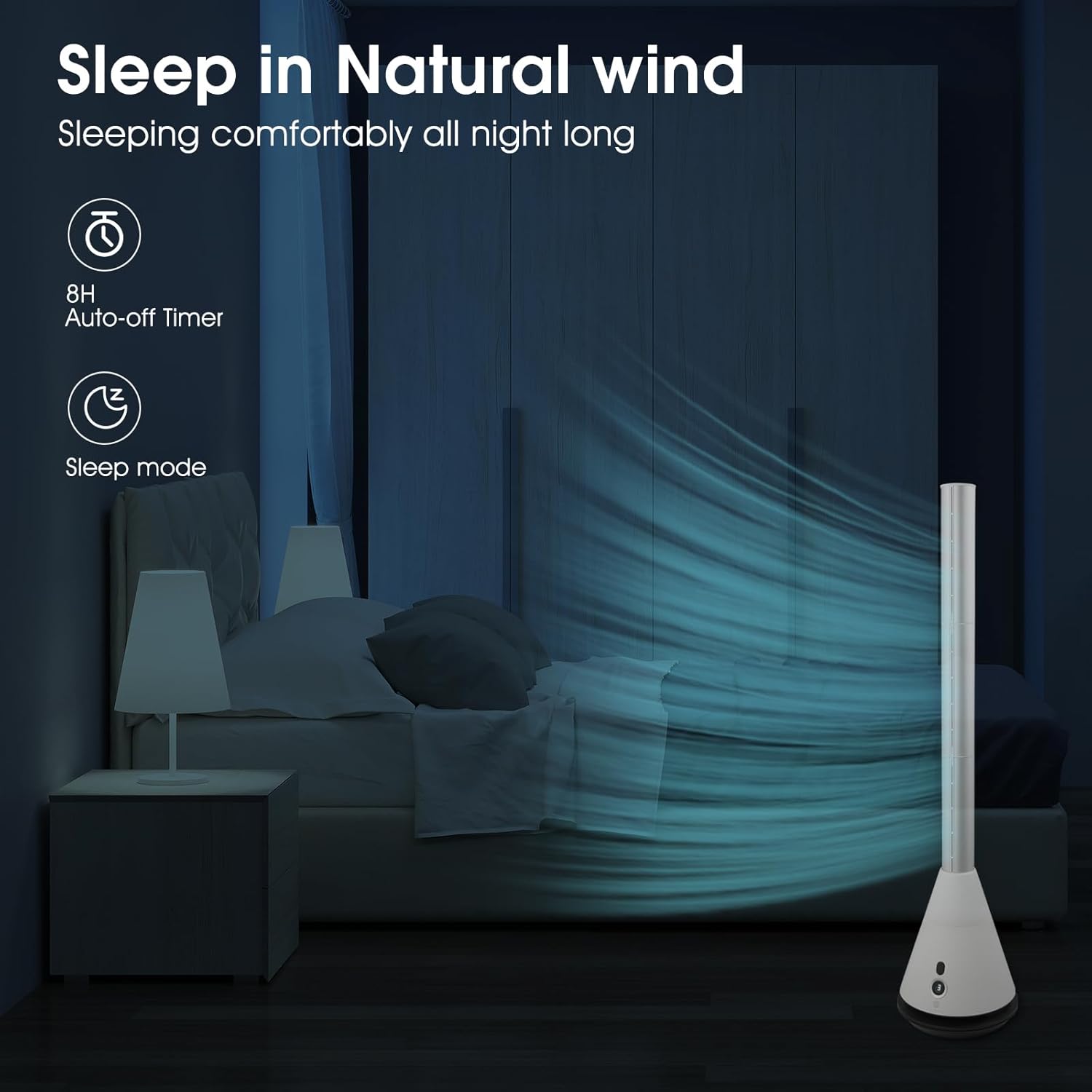 Bladeless Tower Fan with 9 Speeds, 80° Wide Oscillating Cooling Fan, Electric Standing Floor Fan with 8H Timer, Space-Saving Design for Bedroom Office