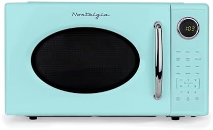 Nostalgia Retro 1000W Microwave Oven 1.1 Cu Ft Capacity – Child Safety Lock, 8 Auto-Cook Settings – Countertop Kitchen Appliance – Aqua