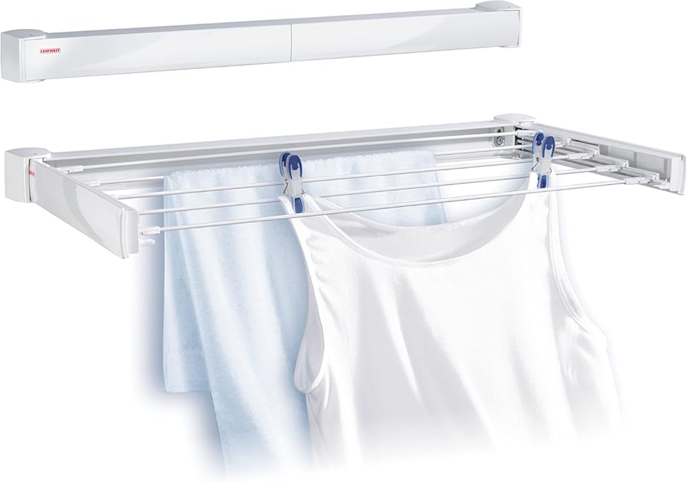 Leifheit Telegant 30 Protect Wall Dryer – Foldable Indoor/Outdoor Clothes Drying Rack with 5 x 60 cm Bars, 3m Drying Space, Compact & Sturdy Laundry Airer, White, Easy Wall-Mount Design