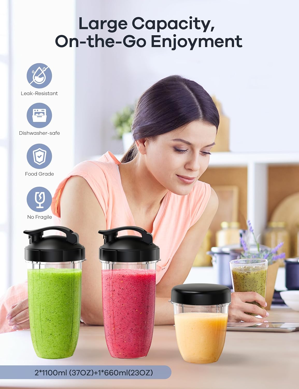 Ganiza Blender for Smoothies, 14 Pcs Smoothie Blender for Kitchen, Max 1300W Portable Blenders for Shakes Ice Crushing Grinding & More with 2 X 37 oz, 23 oz Cups, Perfect for Home & On - the - Go