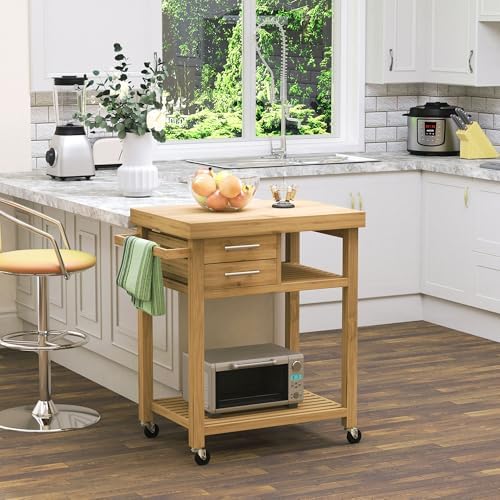 HOMCOM Bamboo Kitchen Island on Wheels, Utility Trolley Cart with 2 Storage Drawers, Butcher Block Cart with Open Shelves, Bamboo Tone