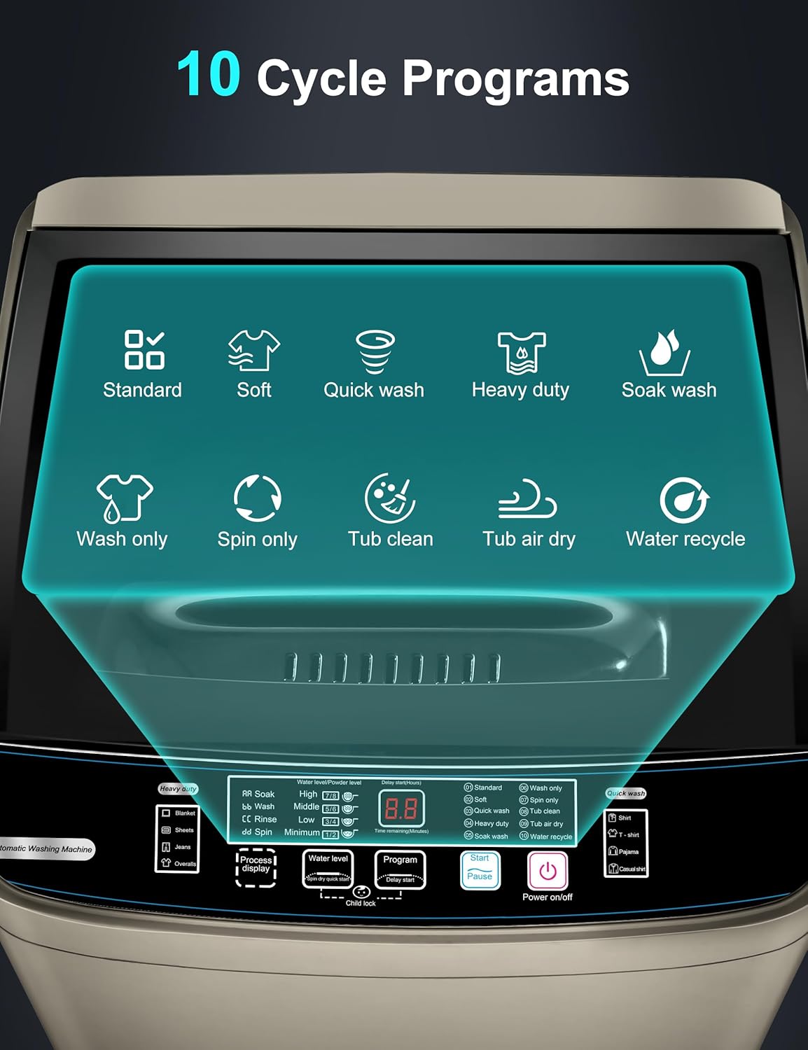 Portable Washing Machine - 2.0 Cu.ft Portable Washer Full-Automatic With LED Display, Compact Washer Ideal for Apartments, Homes, and Dorms, 10 Wash Cycles, Low Noise, IPX4 with Drain Pump