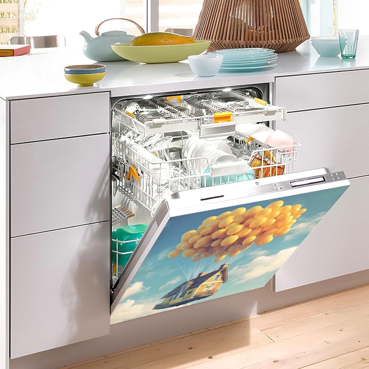 Dishwasher Magnet Cover Large Magnetic Stickers Yellow Balloon House Front Dishwasher Cover Reusable Decal for Home Kitchen Anti-Scratch Refrigerator Decorative Lid Washing Machine Laundry 23