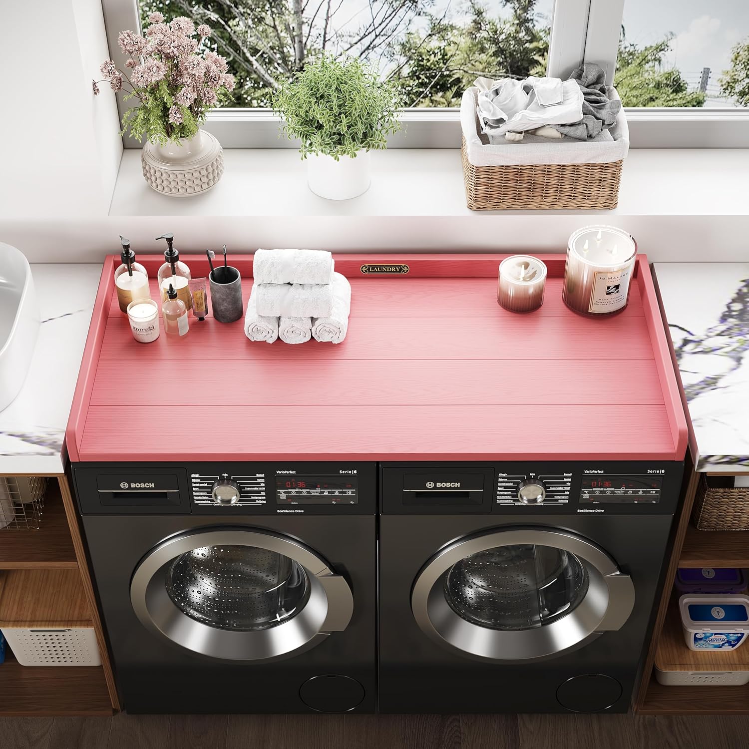 No-installation HDPE Washer Dryer Countertop Washer and Dryer Topper Covers for The Top Laundry Countertop Laundry Room Organization No Water Leakage,Pink