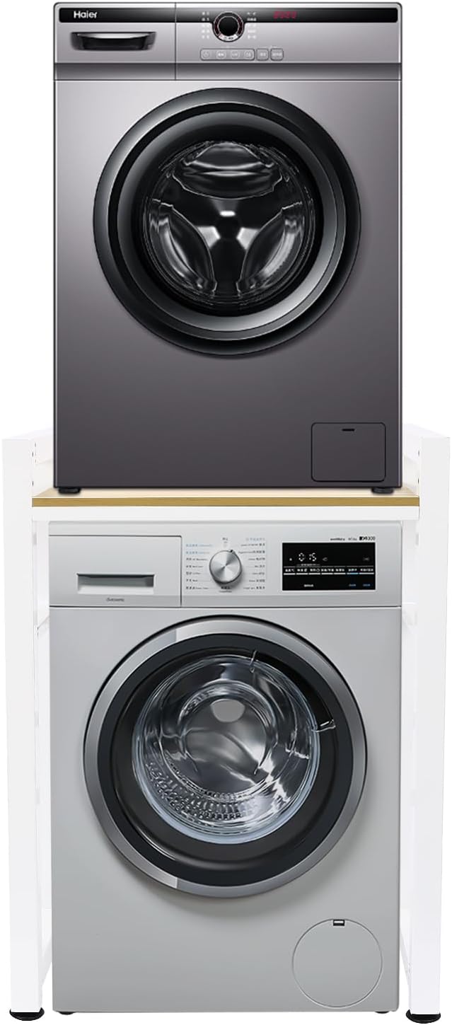 Washer Dryer Stacking Rack Stand, Heavy Duty Washer and Dryer Stand Rack, 418lbs Stackable Storage Shelf with Adjustable Height for Laundry Room, White & Light Walnut