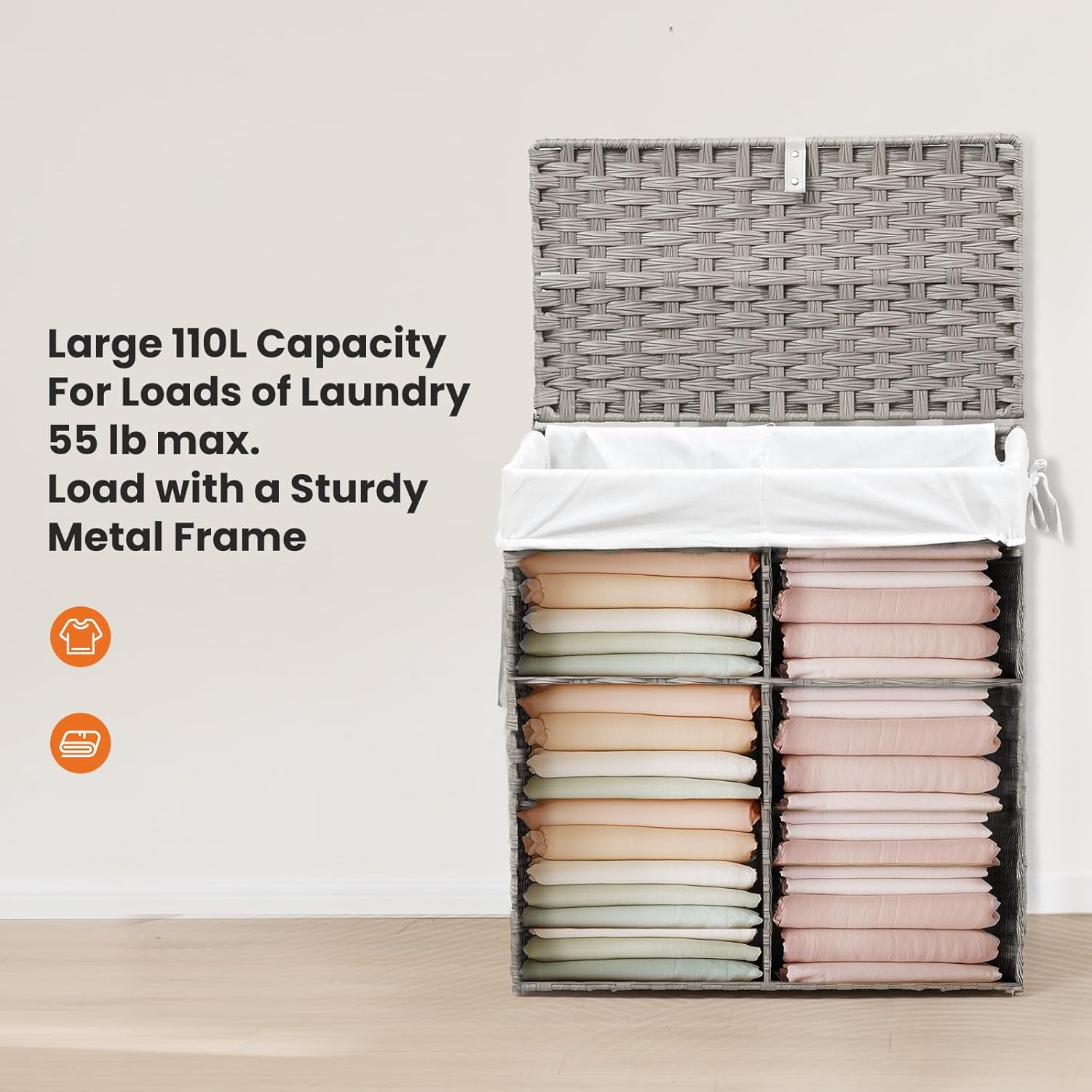 DUMOS Woven Laundry Basket with Lid, 110L Large Capacity Hamper, Removable & Machine-Washable Liner, Foldable Rattan Clothes Hamper, Sturdy Steel Frame, Odor Control, Dove Gray