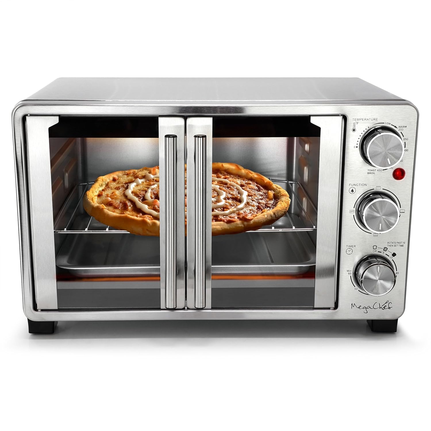 MegaChef 26.4 Quart French Door Multi-Function Stainless Steel Electric Toaster Oven with Temperature & Timer Control and Broil, Bake & Toast Functions