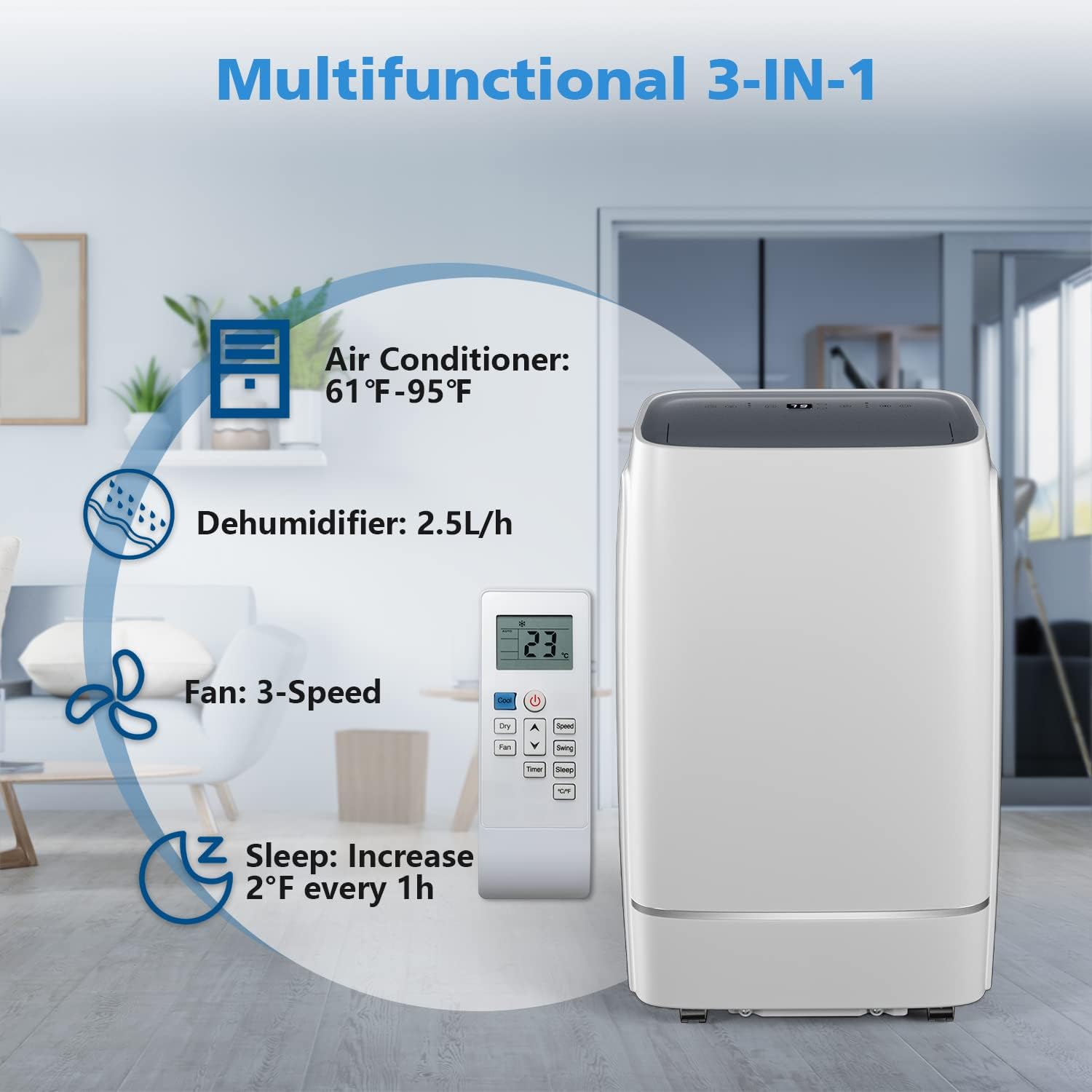 COWSAR 13000 BTU Portable Air Conditioner 4-IN-1 Portable AC Unit 24H Timer Room Air Conditioners 450 Sq.Ft. Coverage ＜53dB Portable Air Conditioners for 1 Room