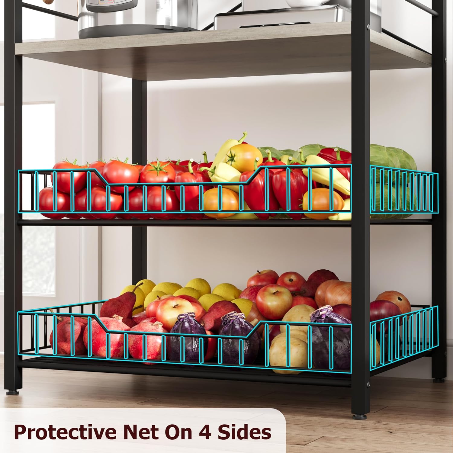 5-Tier Kitchen Bakers Rack, Compact Microwave Oven Stand with 2 Large Storage Baskets & 8 Hooks, Freestanding Coffee Bar Station, Sturdy Metal Frame Organizer for Kitchen Appliances, Black & Gray