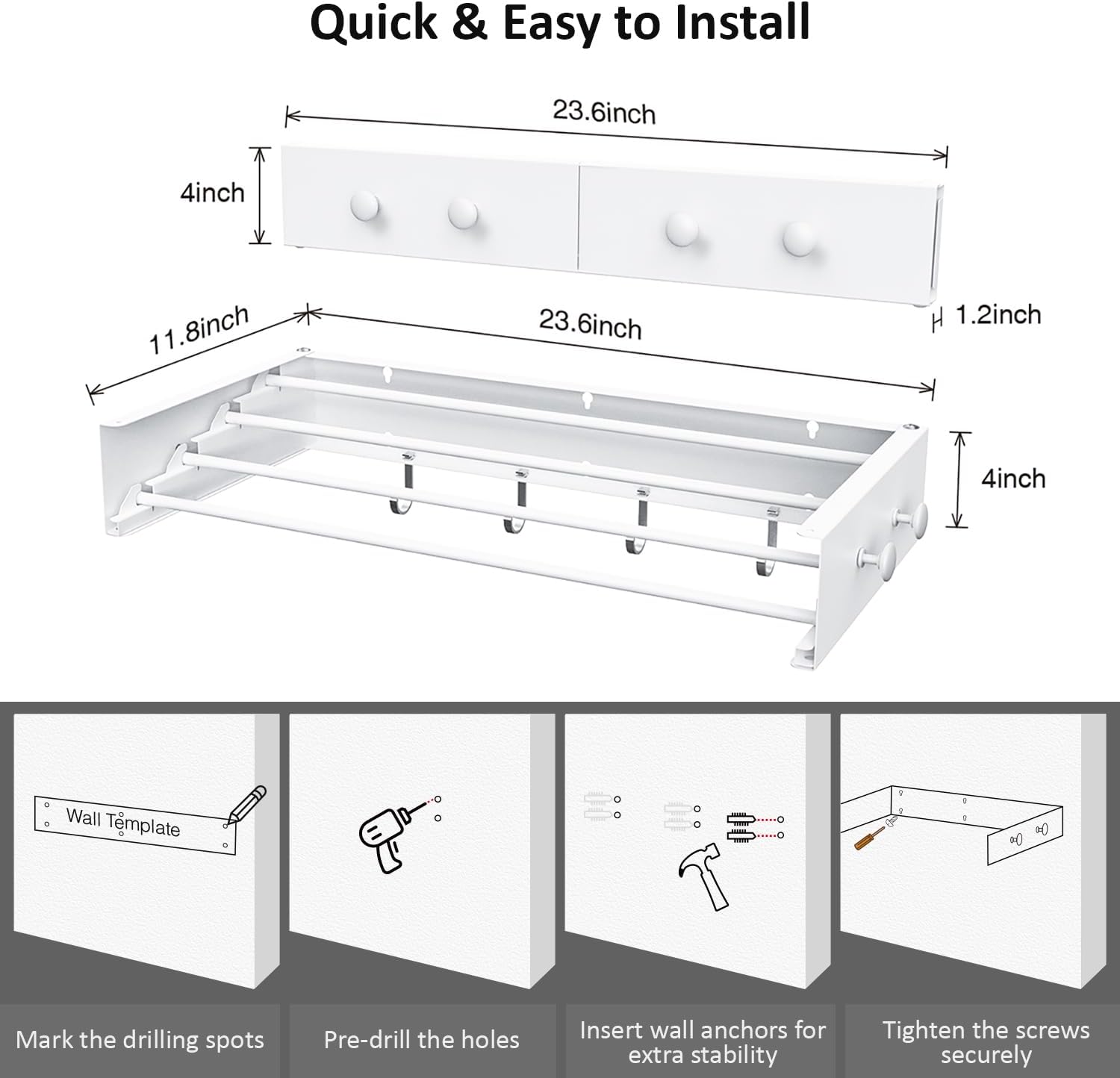 Drying Rack Clothing,Clothes Drying Rack Wall Mounted,Laundry Drying Rack Wall Mount,Foldable,Collapsible,60 lb Capacity 5 Aluminium Poles with 6 Hooks (White, 23.6'')