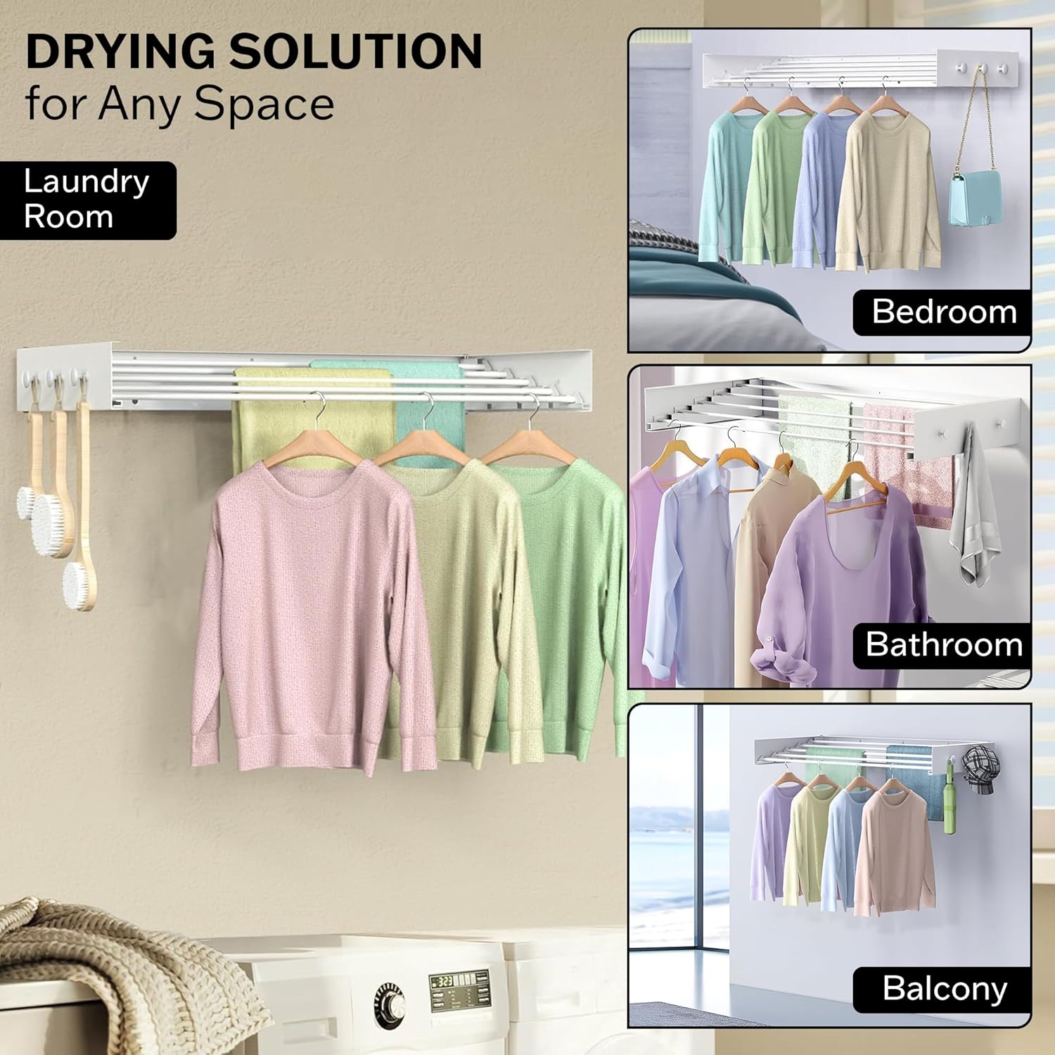 Wall Mounted Drying Racks for Laundry (31.5 Inches Wide) – Retractable Clothes Drying Rack Wall Mounted with Carbon Steel Panel 6 Knobs & 5 Aluminium rods, Wall Drying Rack with Screws (White)