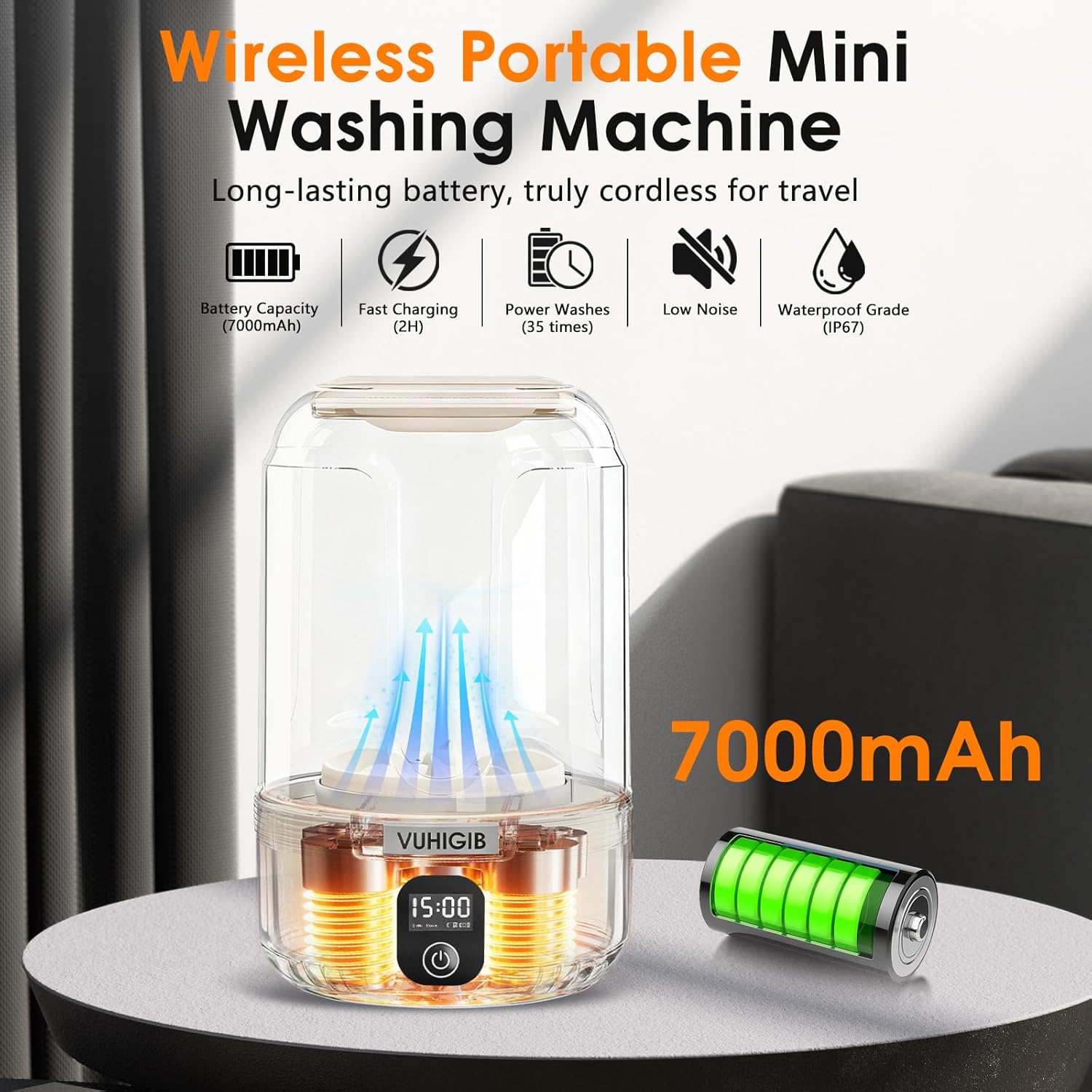 Portable Washing Machine, 7000mAh Rechargeable Wireless Washer with 10 PCS Clothespins Deep Cleans Baby Clothes Underwear Socks Delicates 1.5L Mini Washer for Travel Camping Dorm RV Apartment (Khaki)