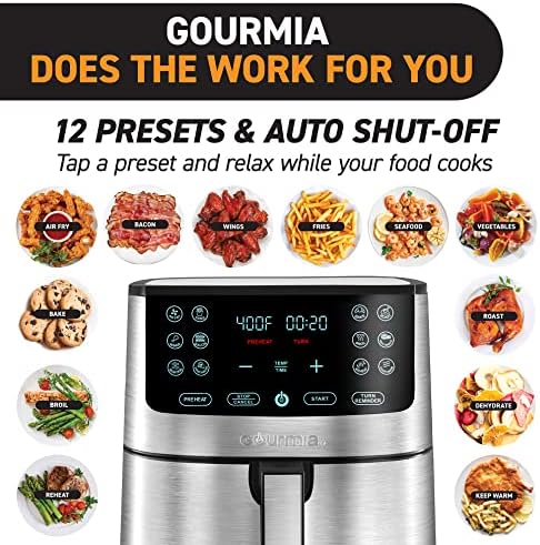 Gourmia Air Fryer Oven Digital Display 8 Quart Large AirFryer Cooker 12 Touch Cooking Presets, XL Air Fryer Basket 1700w Power Multifunction GAF838 Black and stainless steel air fryer