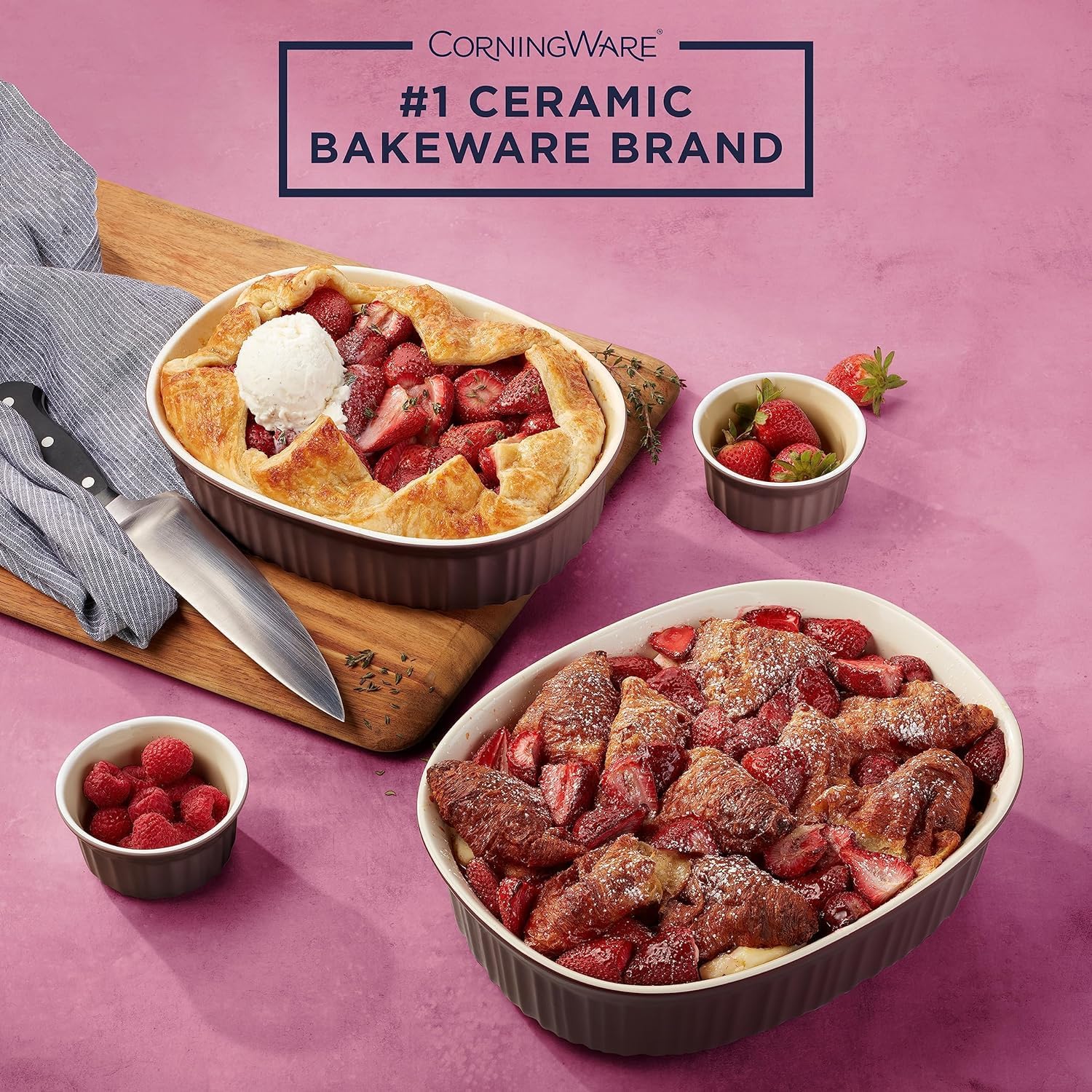 CorningWare Ceramic Bakeware Set with Lids Chip and Crack Resistant Stoneware Baking Dish, Microwave, Dishwasher, Oven, Freezer and Fridge Safe, 10-Piece French Cabernet