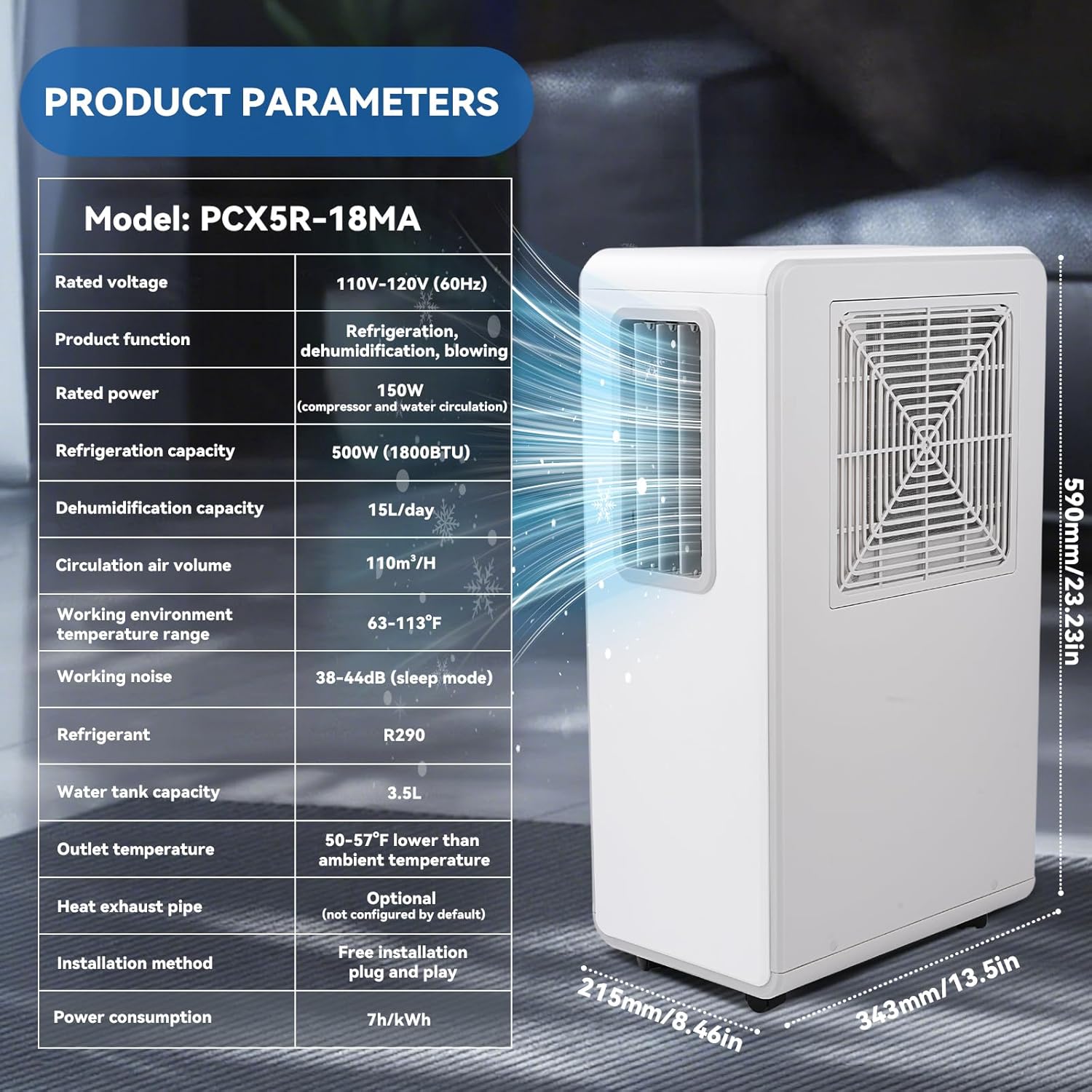 Portable Air Conditioner, 1800 BTU for Rooms, Quiet Operation Bedroom Air Cooler with Sleep Mode and Remote Control, Low power consumption