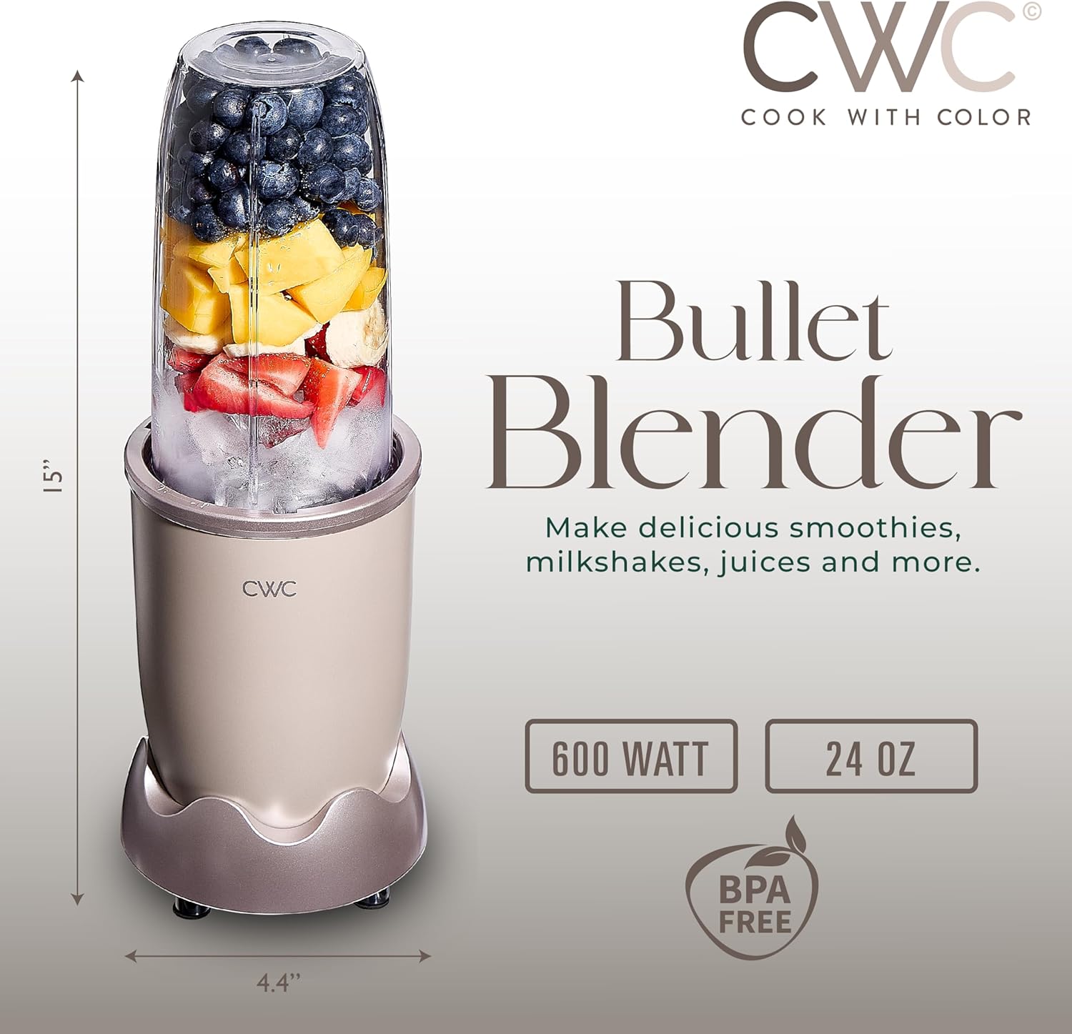 COOK WITH COLOR Personal Power Blender 600W, 24oz Capacity, BPA-Free Jar, Ice-Crushing Blades, Ideal for Smoothies & More, Anti-Slip Feet, Easy to Clean, Goat/Mink