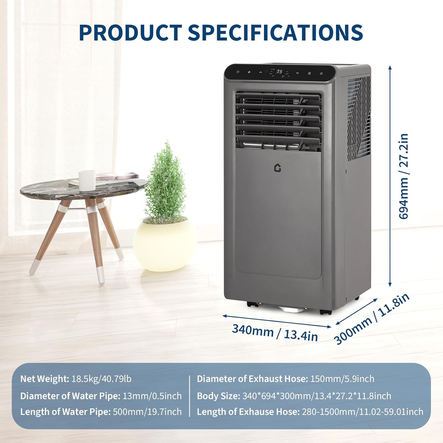 8000 BTU Portable Air Conditioner - 3-in-1 Cooling/Dehumidifier & Fan, Cools 350 Sq.Ft, 42dB Quiet AC with Remote & Window Kit for Bedroom, Office, Apartments, Grey+Black