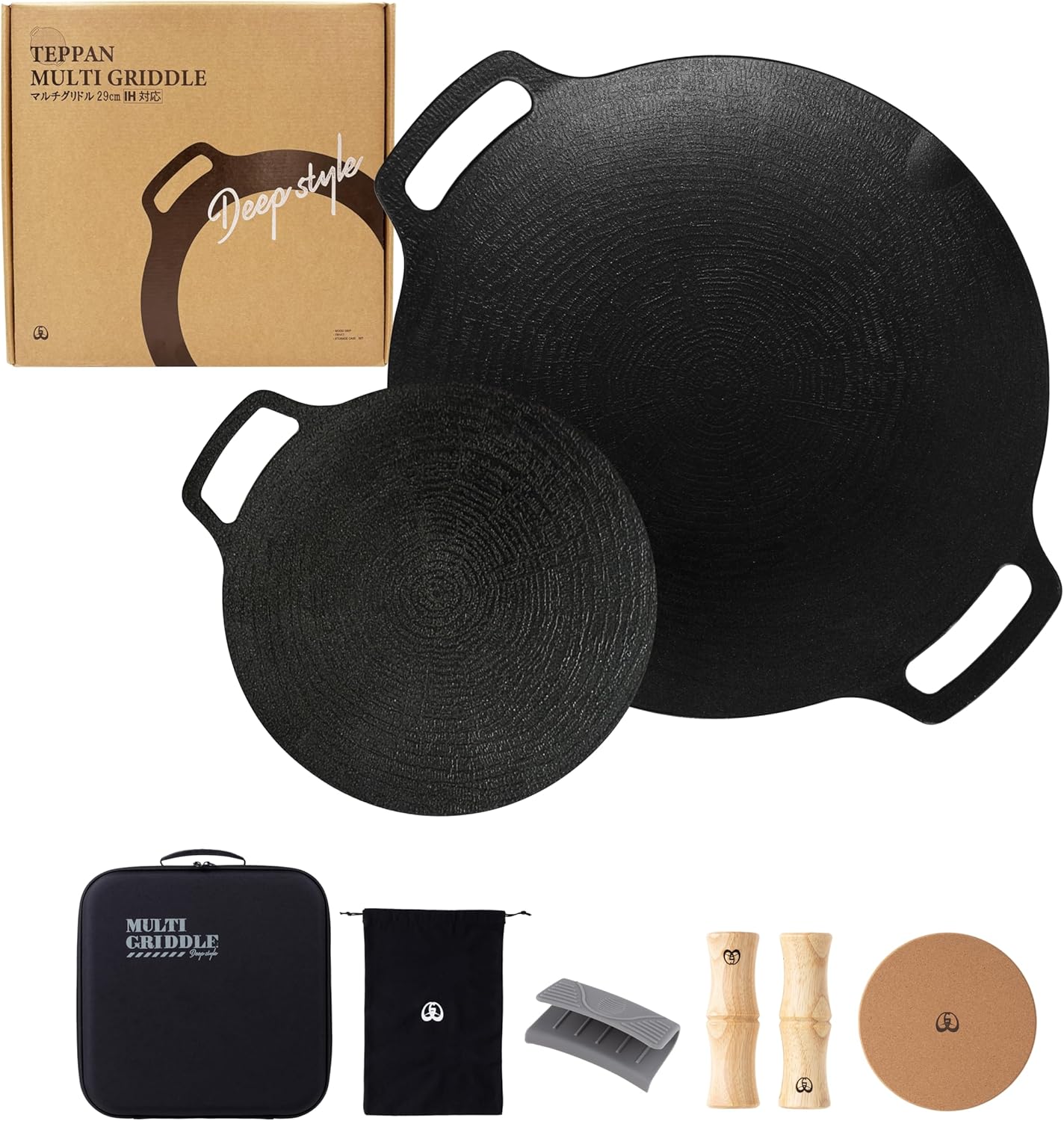 Honke JHQ Multi-Griddle Iron Plate, Deep 11.4 inches (29 cm), Flat Type, 7.5 inches (19 cm), Set of 2 Main Units (Storage Hard Case, Wooden Grip, Cork, Gray Mitts), Genuine Product, Bonfire, Direct