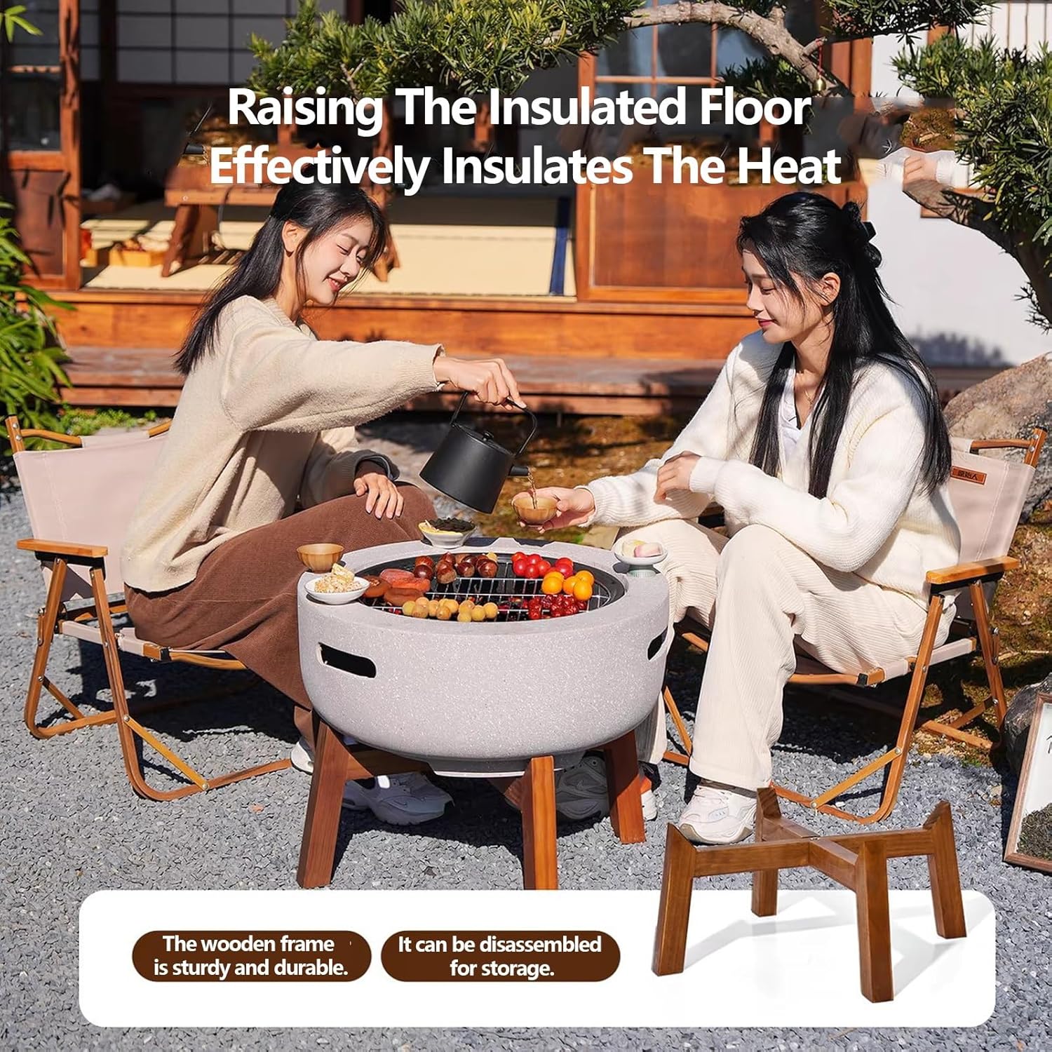 Concrete Fire Pit Table 23.6 Inch Round Wood Burning and Charcoal Grill with Spark Screen and Poker Modern Outdoor Fire Pit for Patio Garden Backyard BBQ and Heating