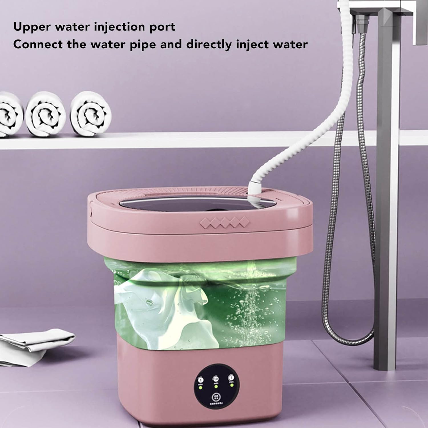 Septpenta Portable Washing Machine, 6.5L Folding Automatic Deep Cleaning Wash Mini Washing Machine with Water Tube and Dryer for Apartment, Laundry, Camping(US Pink)