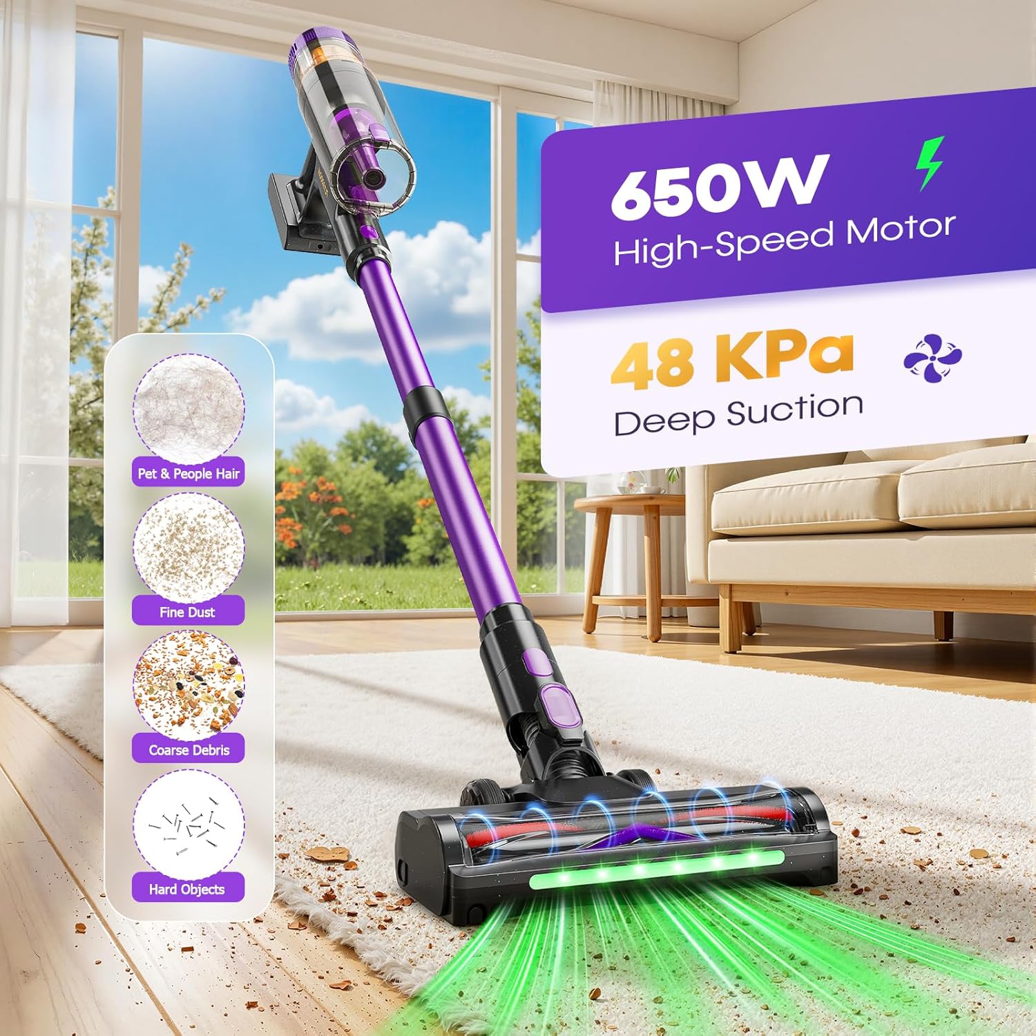 Cordless Vacuum Cleaner, 650W 48KPa Vacuum Cleaners for Home, Self-Standing Stick Vacuums with LED Display, Anti-Tangle, Lightweight, Stick Vacuum Rechargeable for Pet Hair Carpet Floor