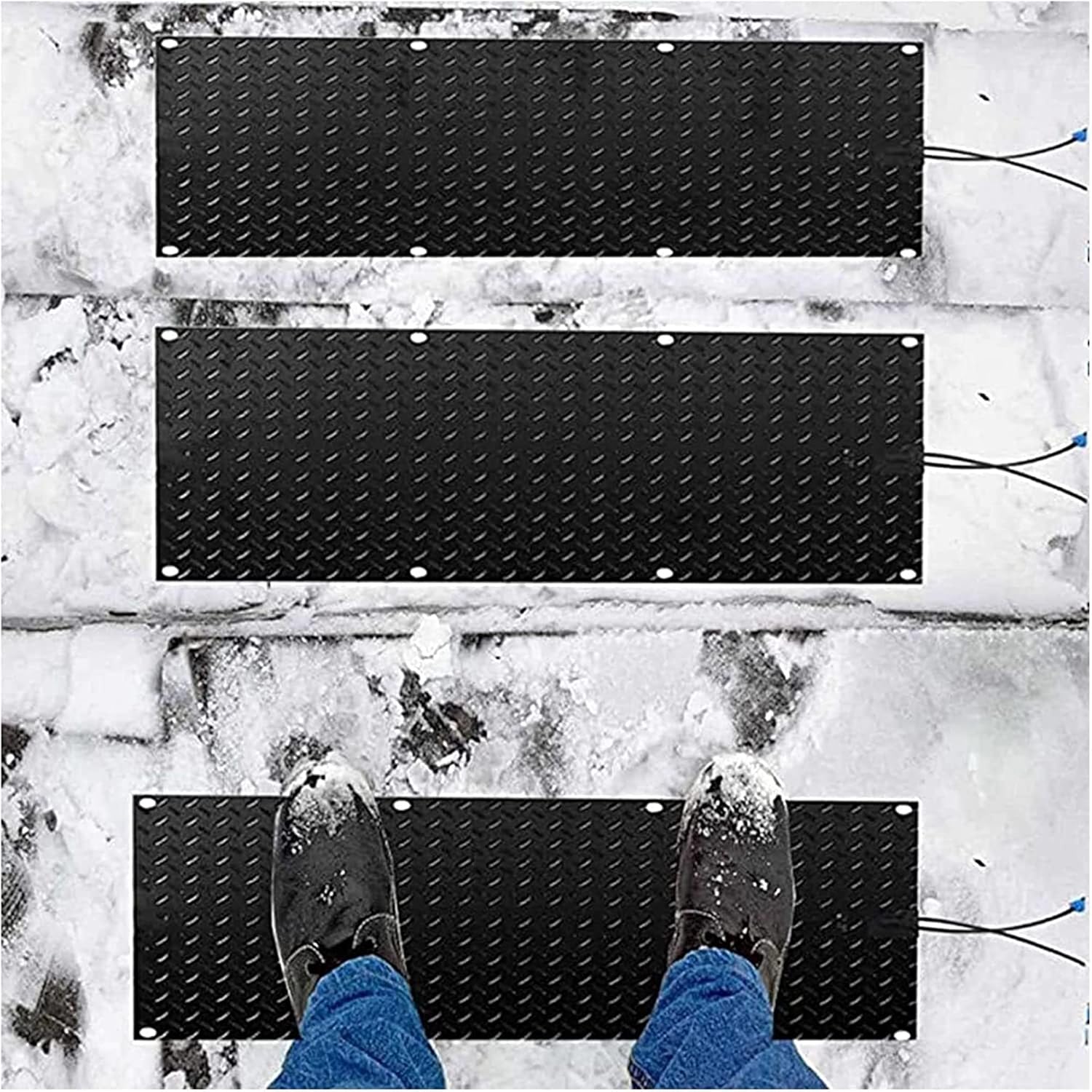 Non Slip Outdoor Stair Treads, Heated Snow Melting Mats, Electric Heating Snow Removal, for Staircase, Deck, USB Series Connection,4 Pack,10inx15in